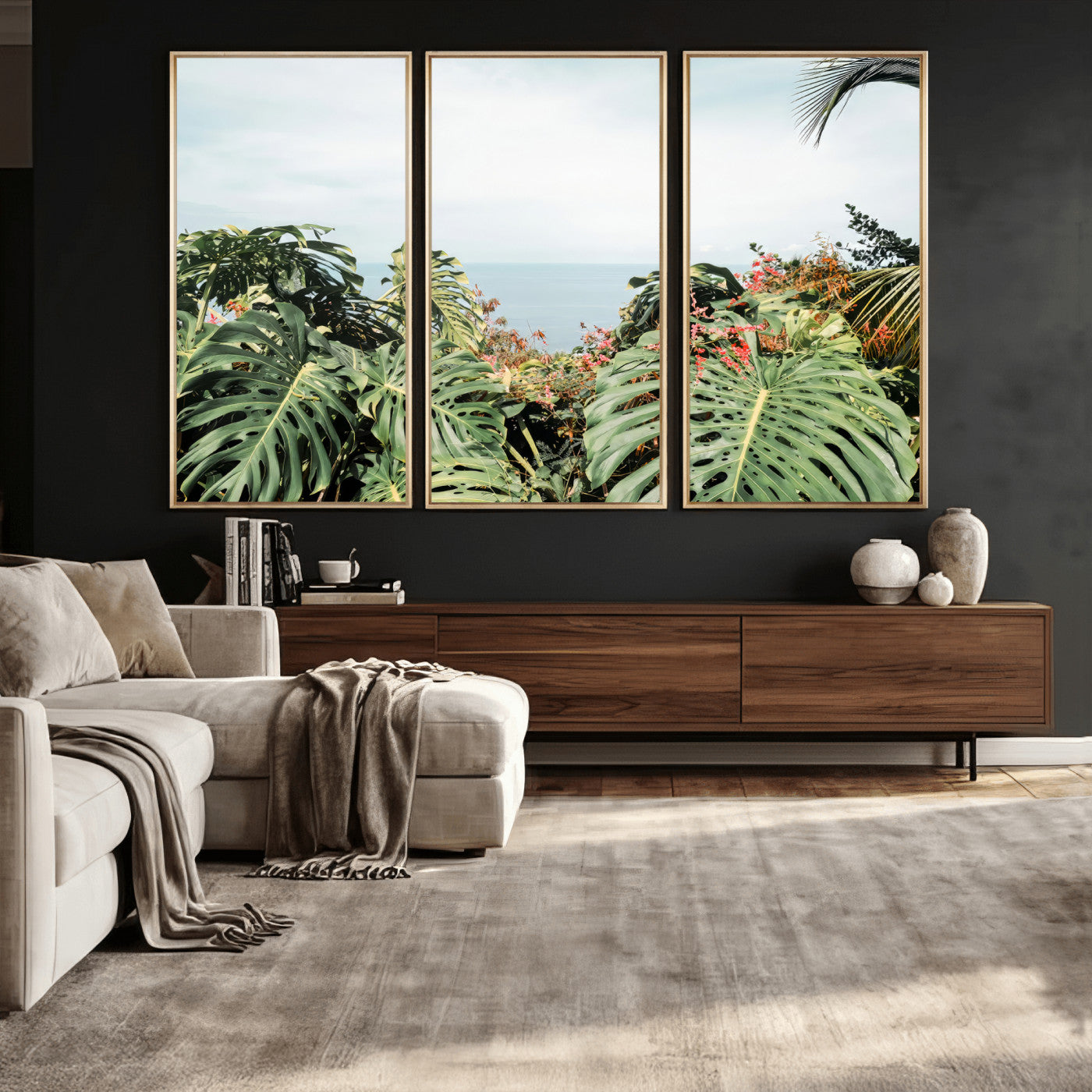 45700479-MGV-CV-36X24 - Tropical Greenery Wall Art – Exotic Leaves & Ocean View Canvas Print, Sunlit Paradise and Vibrant Nature for Living Room or Coastal Decor