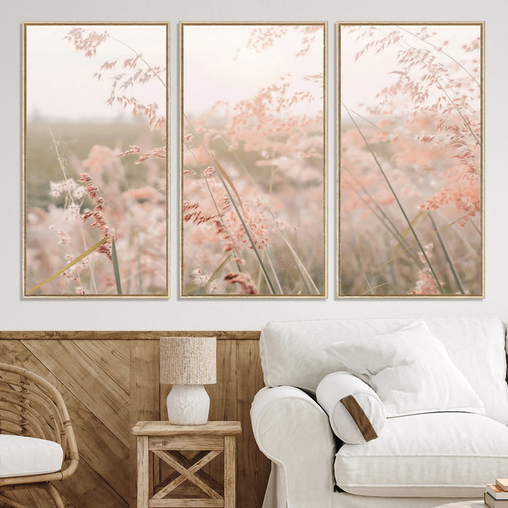 Pastel Grasses Wall Art Canvas Print, Soft Meadow Print, Framed Field in Breeze Art Print, Large Pink Meadow Printing Soft Pastel