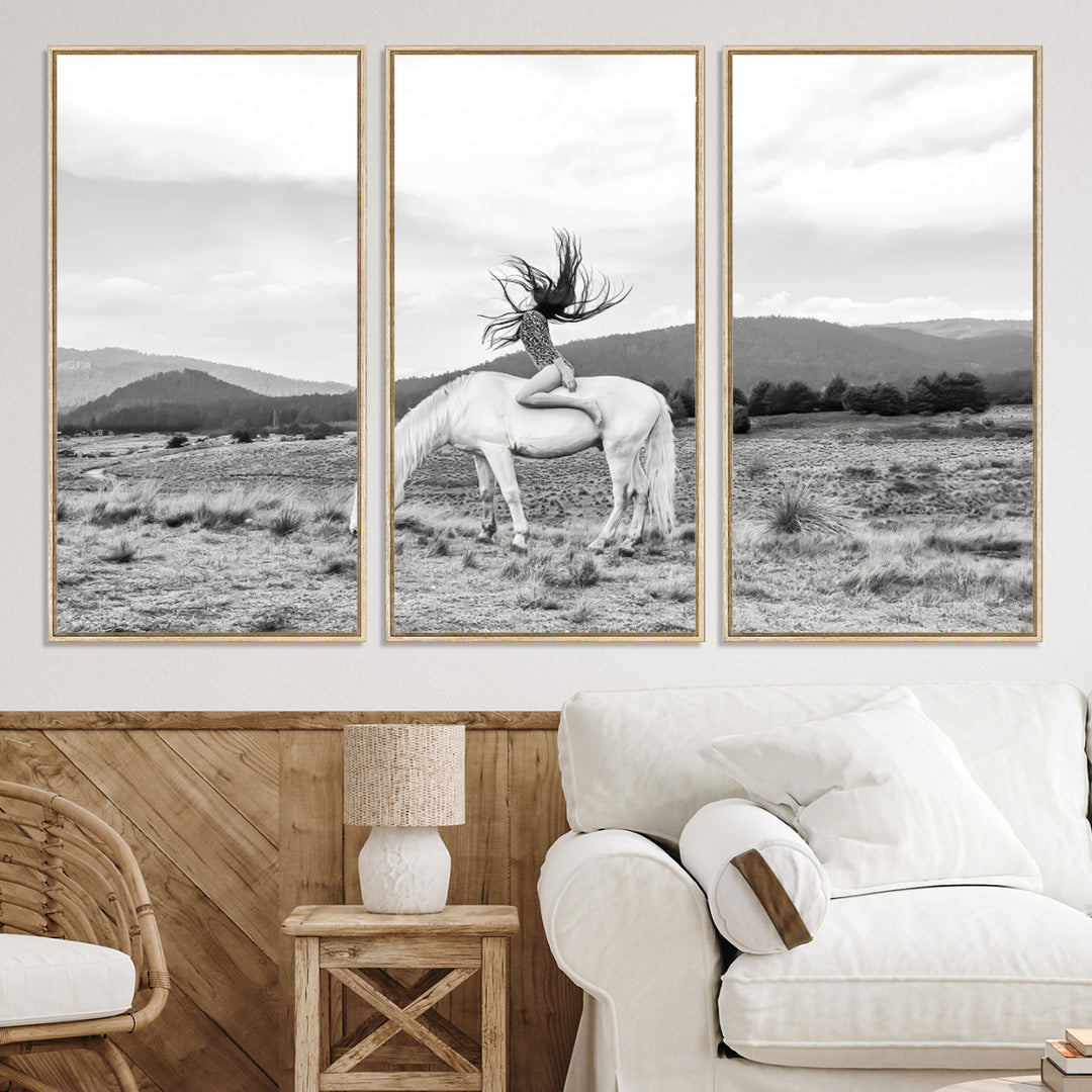White Horse Wall Art Canvas Print, Woman Rider Print, Framed Equestrian Pose Art Print, Large Grazing Horse Printing Western Boho