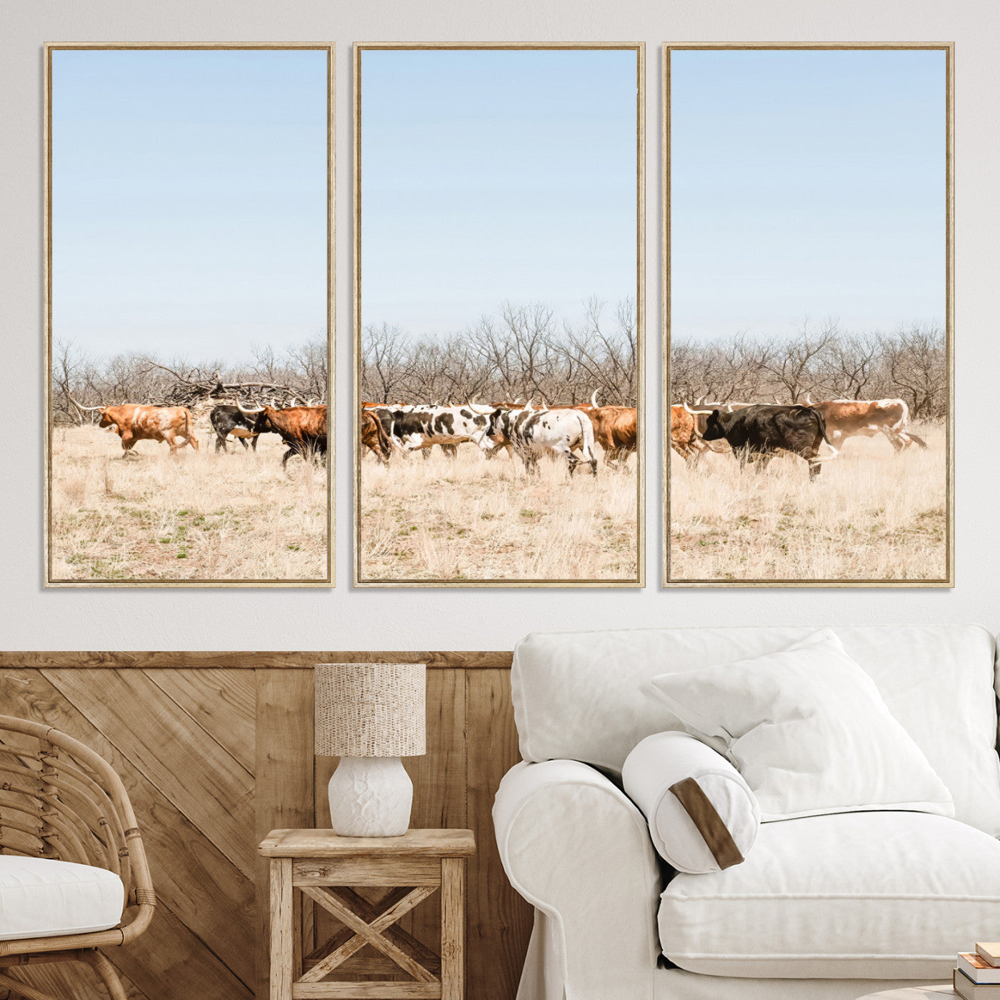 16563092-MGV-CV-36X24-Texas Longhorns Wall Art Canvas Print, Western Cattles Print Wall Art, Framed Rustic Herd Art Print, Large Country Cows Printing Rustic