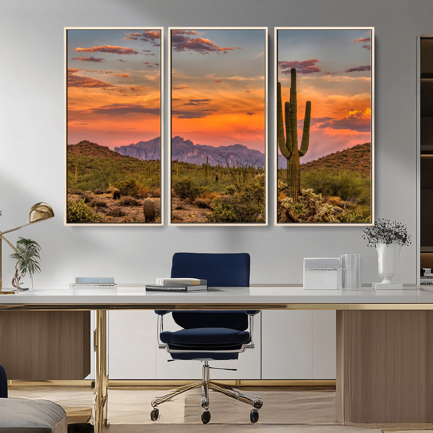 MGV-FC-48X32-3P - Saguaro Cactus Wall Art Canvas Print, Framed Arizona Sunset Art Picture Print, Sonoran Desert Perfect Southwestern Boho Decor Artwork