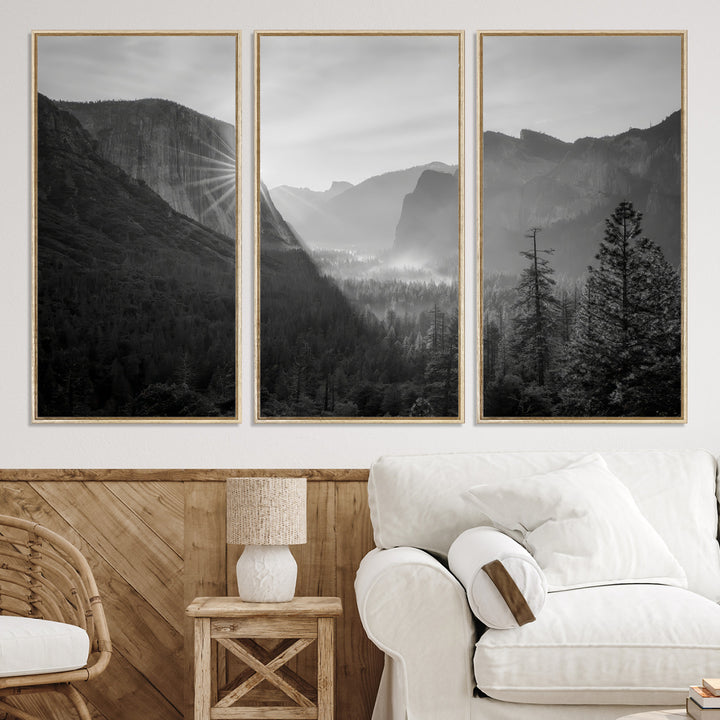 Yosemite Valley Wall Art Canvas Print, El Capitan Sunrise Print, Framed Misty Mountain Art Print, Large Monochrome Valley Printing
