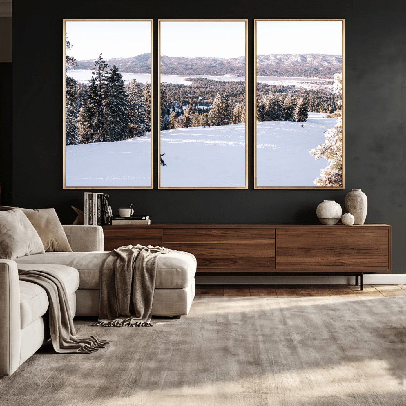 79857868-MGV-CV-36X24 - Snowboarder Wall Art – Winter Slope Canvas Print, Pine Forest, Snow-Covered Mountains, Outdoor Adventure for Living Room or Cabin Decor