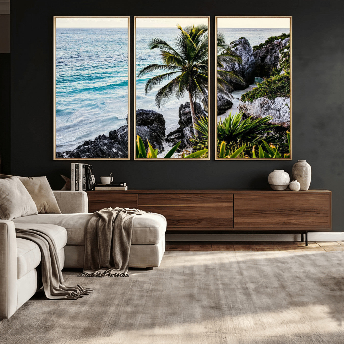 94669907-MGV-CV-36X24 - Tropical Palm Wall Art – Coastal Rocks Canvas Print, Ocean Breeze, Sandy Shore, Vibrant Green Foliage for Living Room or Beach House Decor