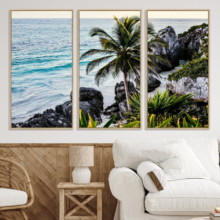 Framed canvas of a vibrant tropical coastline with palm trees, rocky cliffs, and turquoise waters, ideal for tropical coastal home decor.