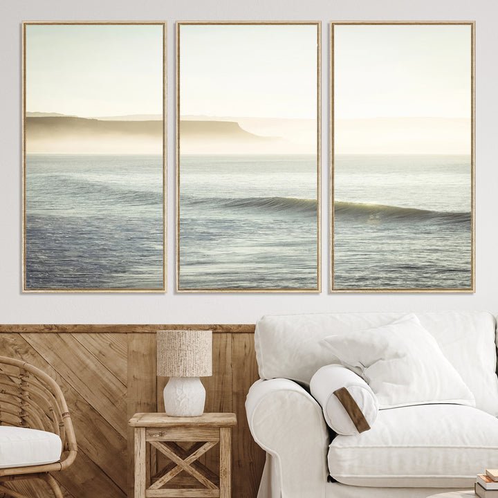 Canvas of a misty ocean scene with coastal cliffs and soft neutral tones, ideal for Scandinavian coastal or minimalist nature-inspired home decor.