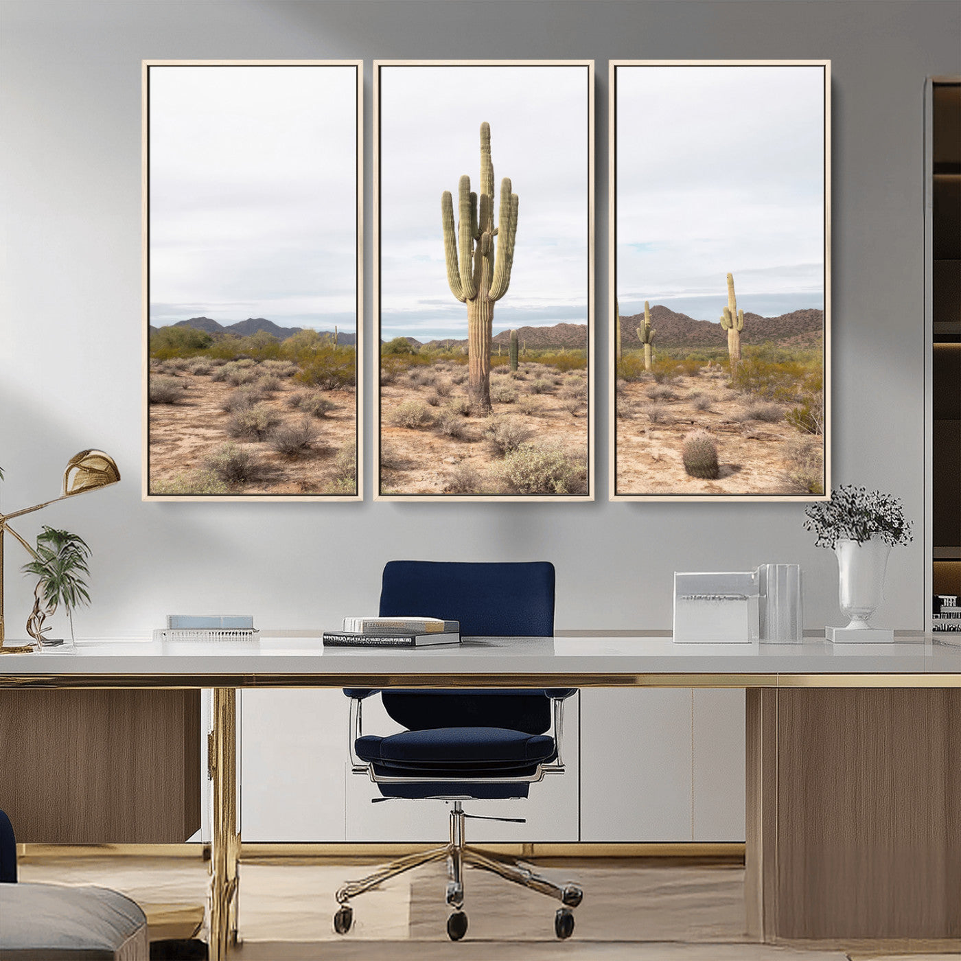 MGV-FC-48X32-3P - Saguaro Cactus Wall Art Canvas Print, Framed Desert Cactus Art Picture Print, Earthy Desert Perfect Southwestern Boho Decor Artwork