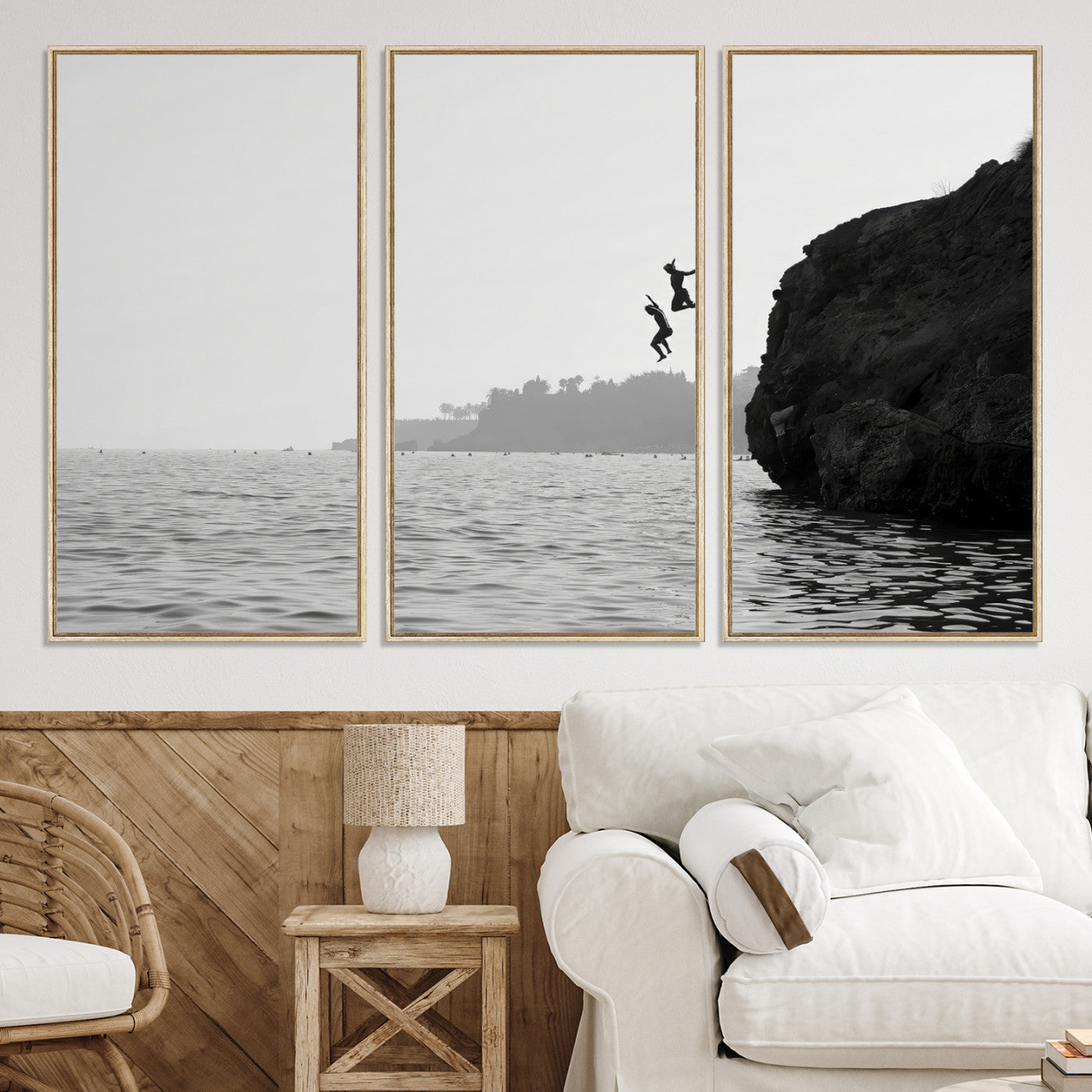 52284302-MGV-CV-36X24-Jumping Wall Art Canvas Print, Framed Ocean Art Picture Print, Coastal Perfect Coastal Decor, Framed Cliff Diving Wall Art