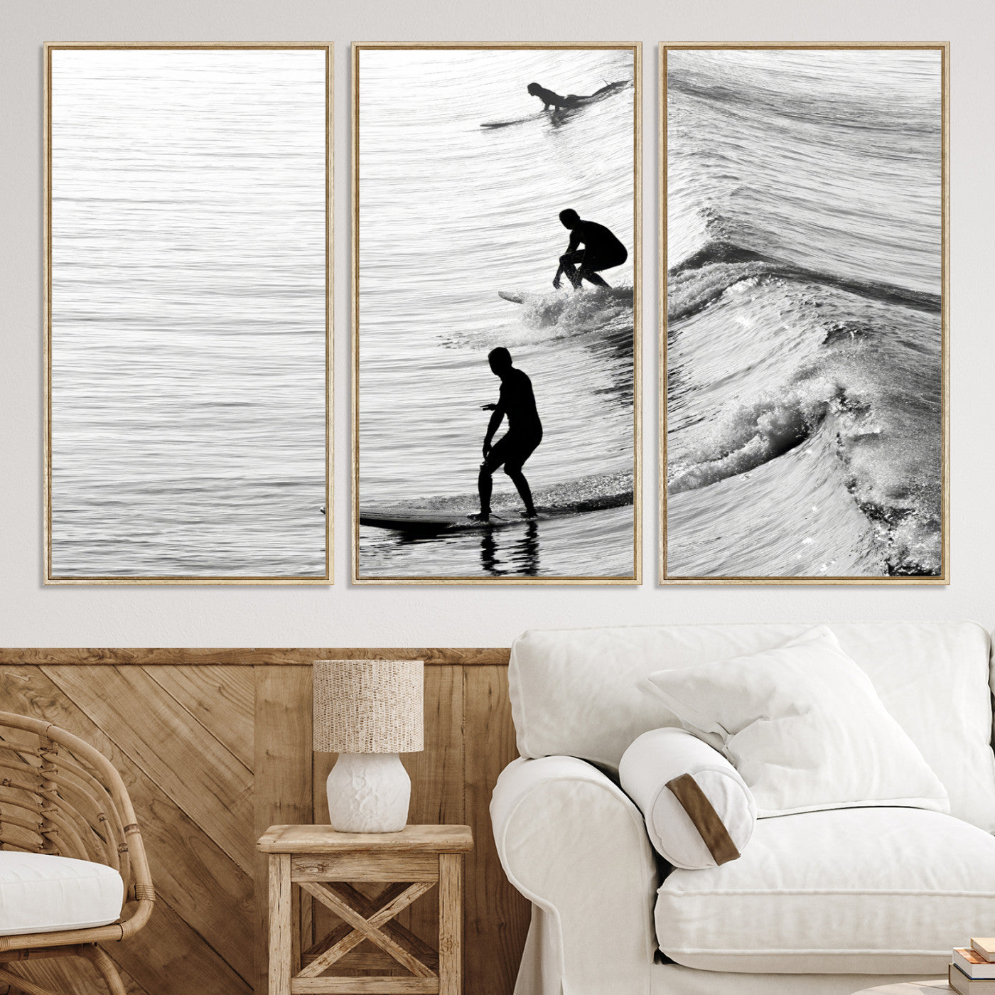 19875284-MGV-CV-36X24-Surfers on Waves Wall Art Canvas Print, Framed Black White Surf Art Picture Print, Monochrome Ocean Perfect Modern Coastal Decor, Surfers on