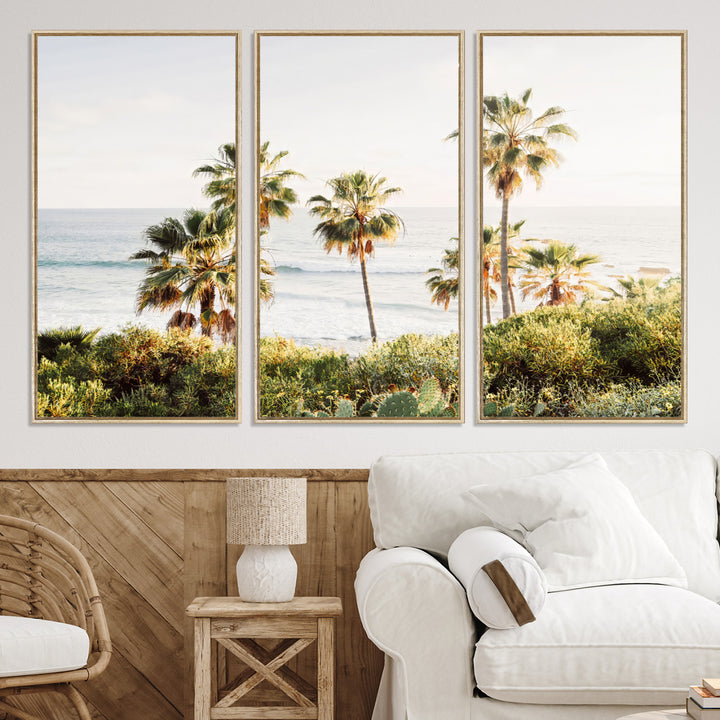 Framed print of sunlit palm trees on the California coast with warm tones, perfect for coastal minimalist or beach-style home decor.