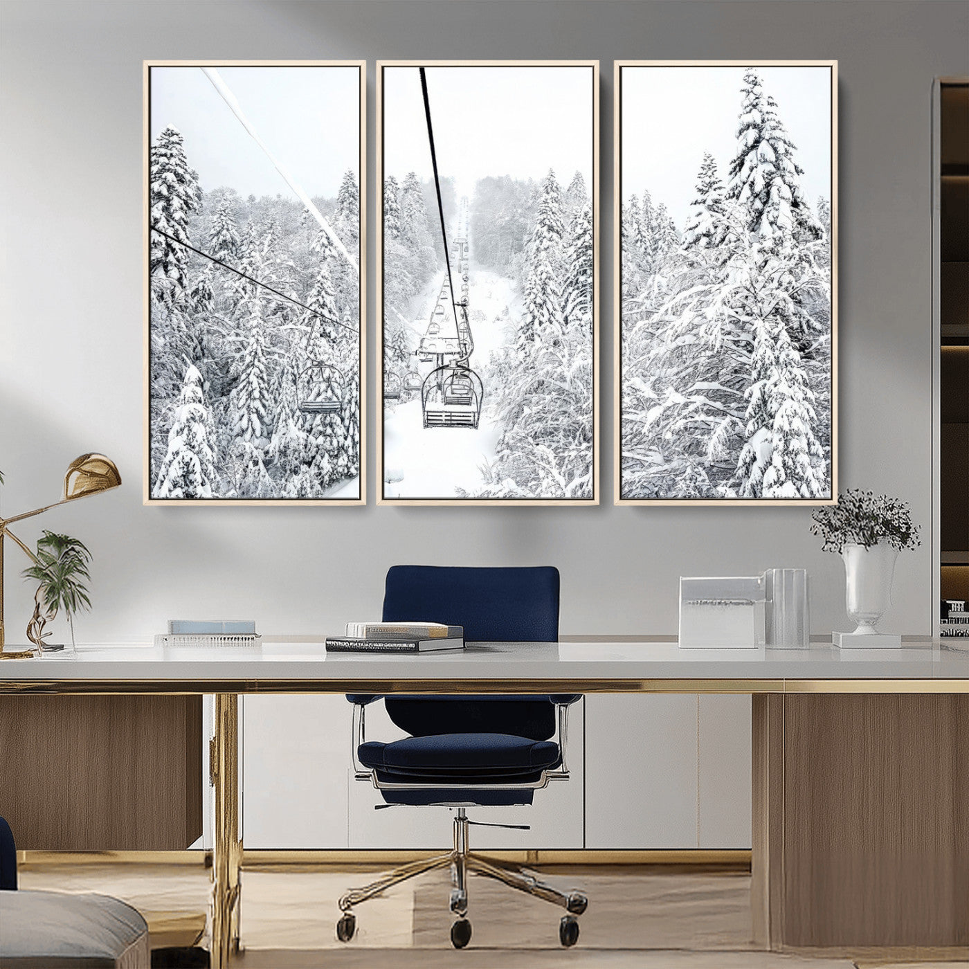 MGV-FC-48X32-3P - Winter Snow Ski Lift Wall Art Canvas Print Winter Trees Print