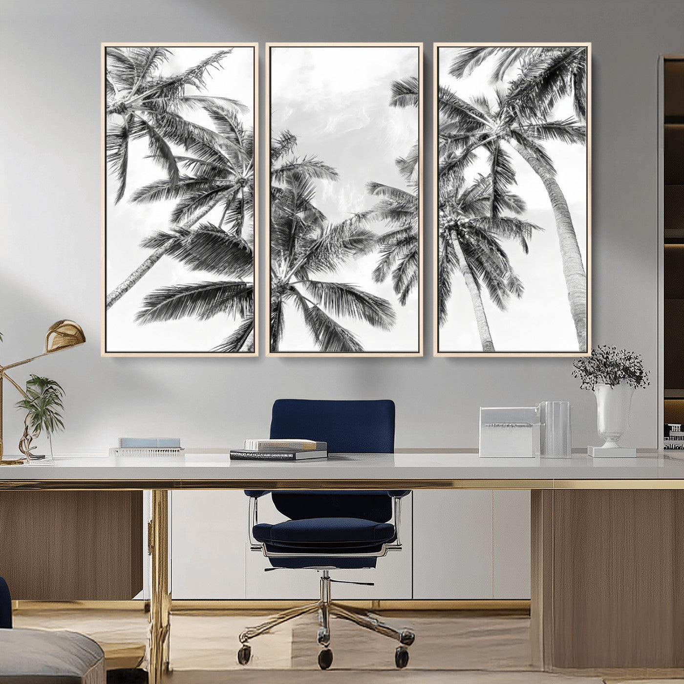 MGV-FC-48X32-3P - Black White Palm Wall Art Canvas Print, Framed Monochrome Tropics Art Picture Print, Minimalist Beach Perfect Coastal Minimalist Decor Artwork