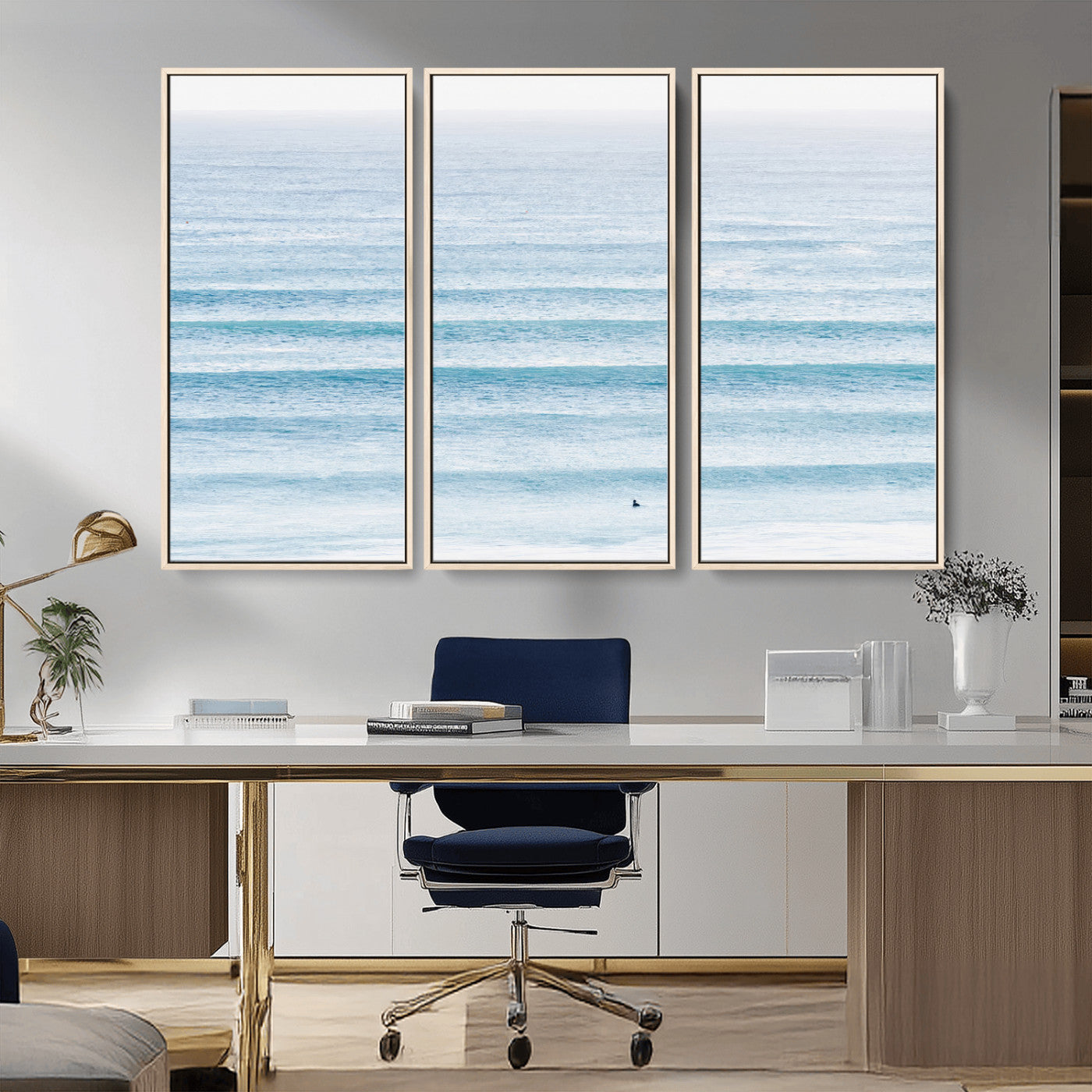 77145995-MGV-CV-36X24-Ocean Wave Surfer Wall Art – Framed Minimal Seascape Canvas Artwork, Calm Blue Water Design, Coastal Decor for Home, Office