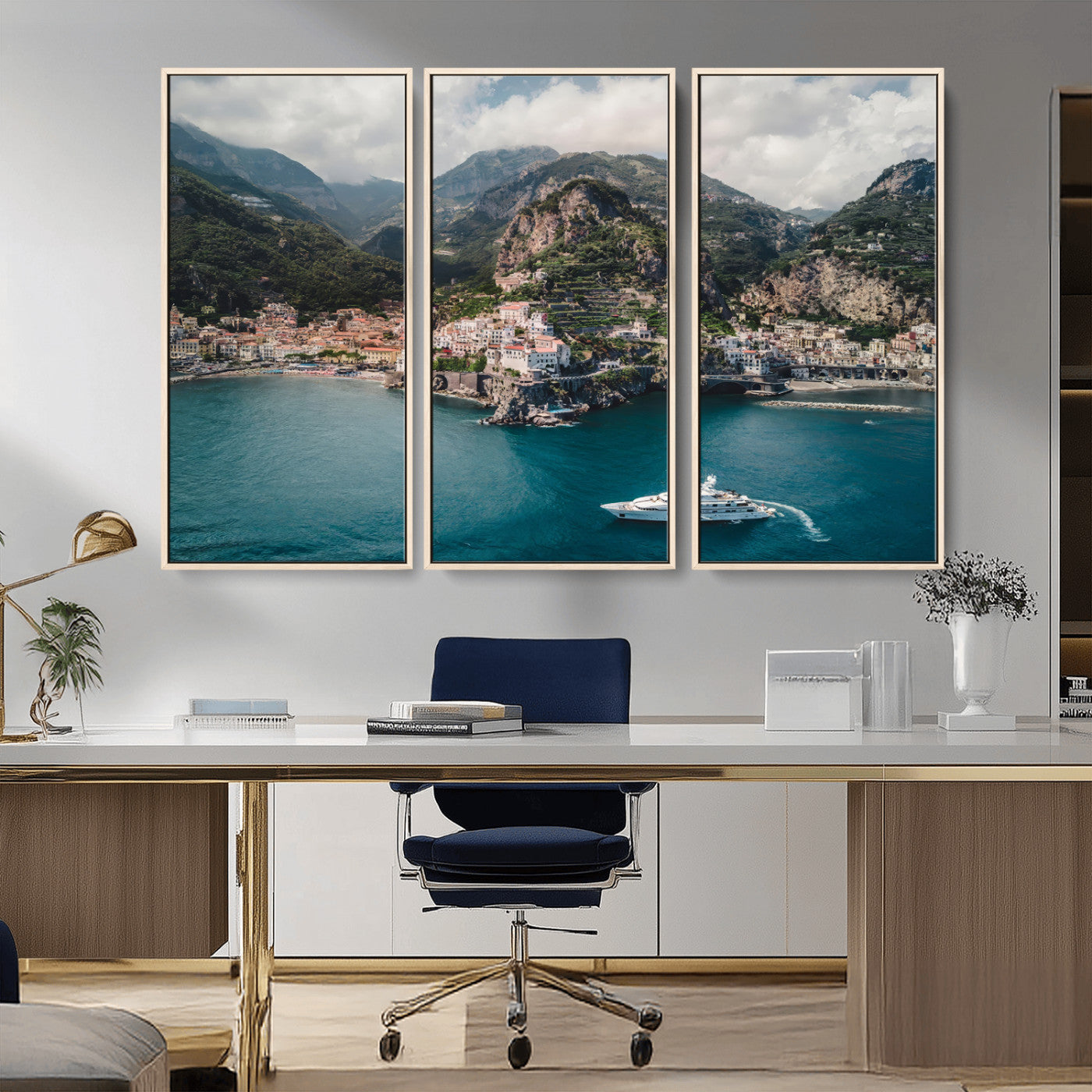 20321590-MGV-CV-36X24-Amalfi Coast Wall Art – Framed Italian Seaside Canvas Artwork, Mediterranean Landscape Design, Coastal Decor for Home, Office