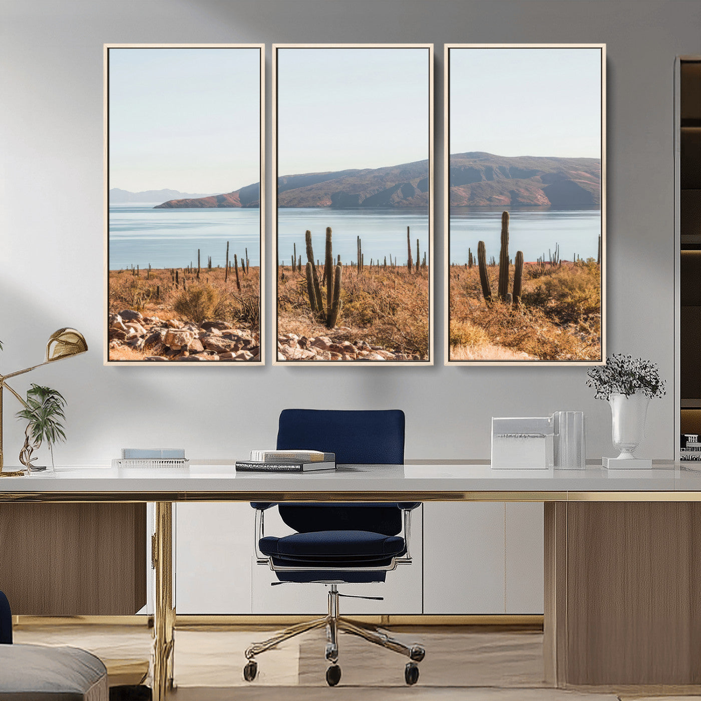 MGV-FC-48X32-3P - Desert Cactus Wall Art Canvas Print, Framed Baja Coastline Art Picture Print, Coastal Desert Perfect Southwestern Minimalist Decor Artwork