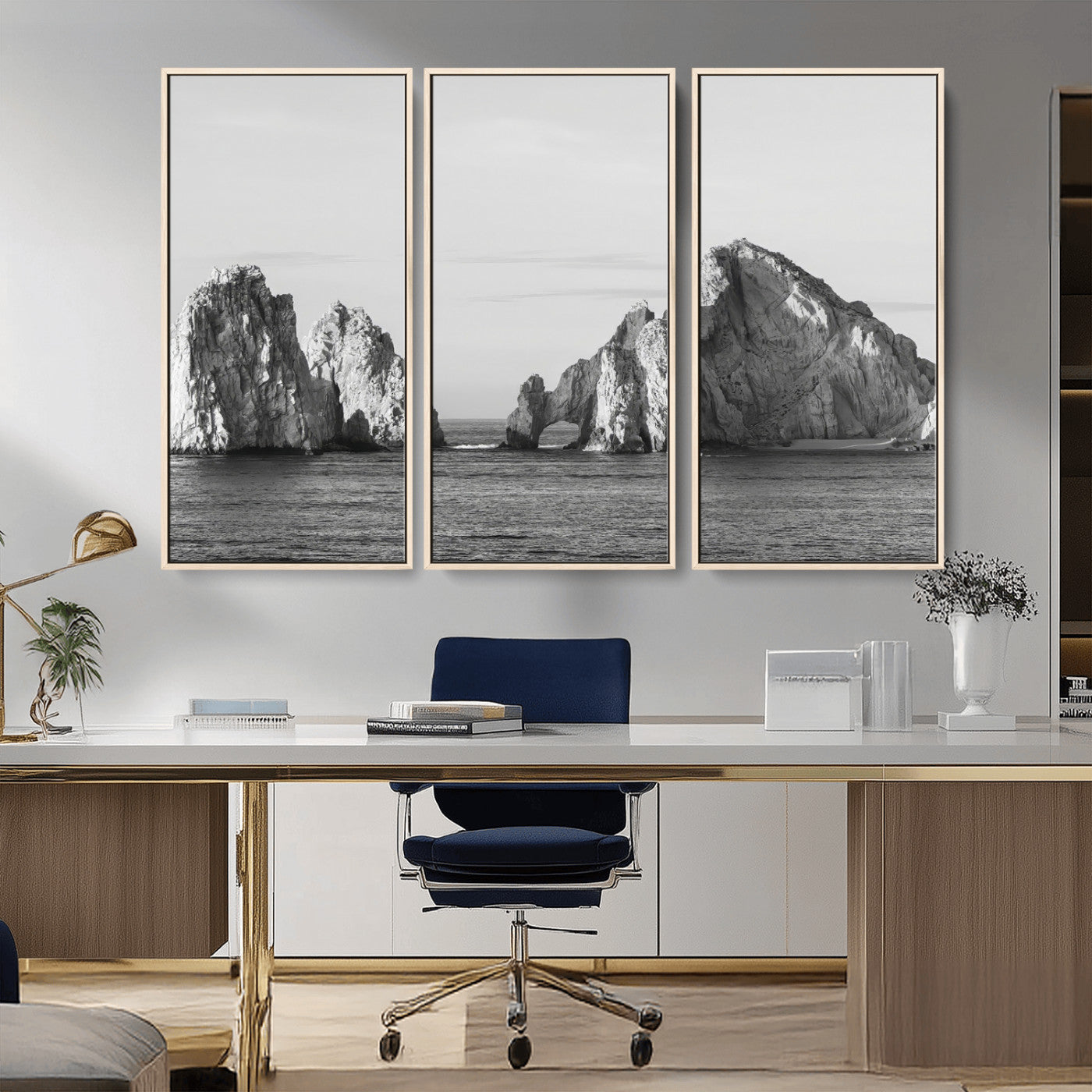 MGV-FC-48X32-3P - Rugged Coastline Wall Art Canvas Print, Framed Ocean Cliffs Art Picture Print, Monochrome Seascape Perfect Coastal Minimalist Decor Artwork