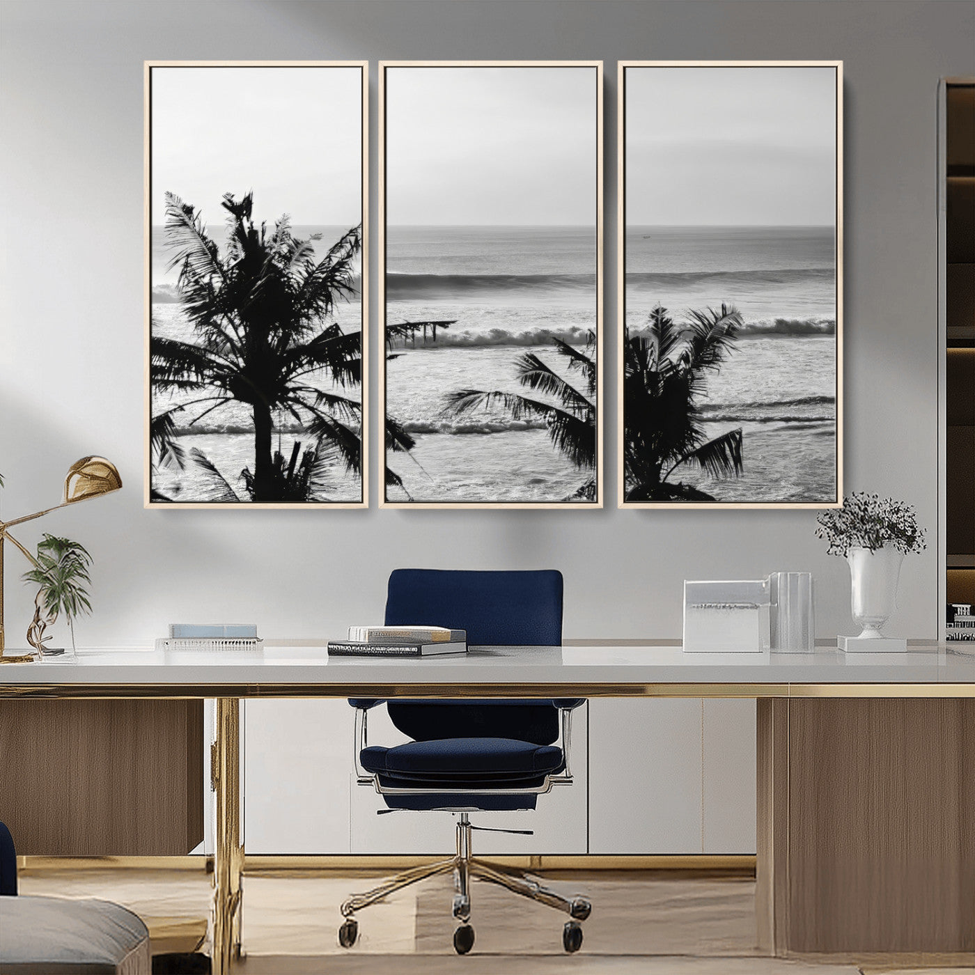 17508038-MGV-CV-36X24-Tropical Coastline Wall Art Canvas Print – Framed Palm Trees Scene with Ocean Waves Artwork for Home, Office