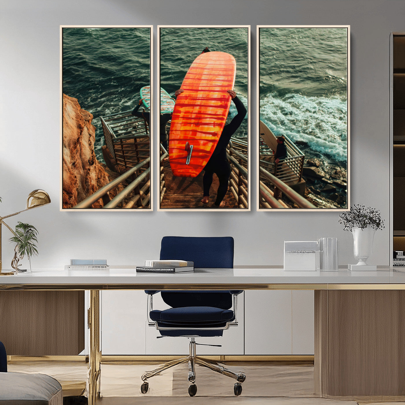 MGV-FC-48X32-3P - Surfer Stairway Wall Art Canvas Print, Framed Ocean Surf Art Picture Print, Sunset Coastal Perfect Coastal Adventure Decor Artwork