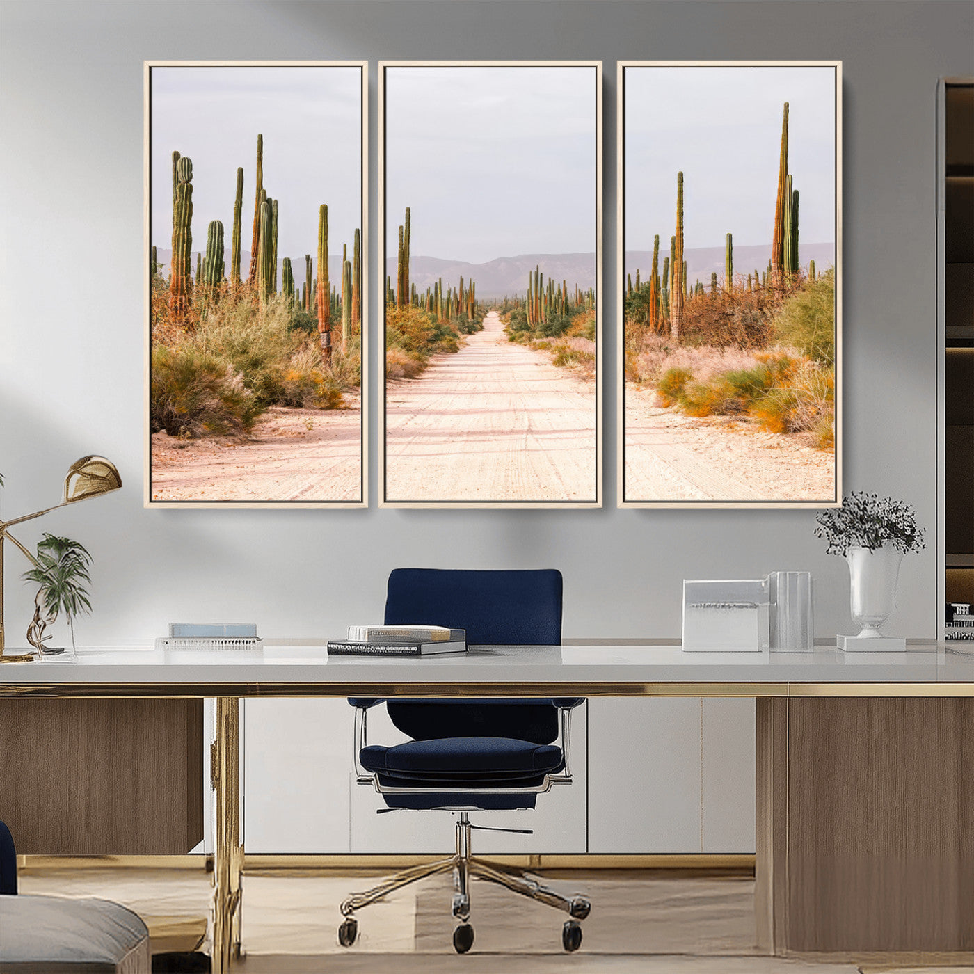 MGV-FC-48X32-3P - Desert Cactus Lined Road Wall Art Canvas Print, Framed Southwestern Landscape Art Picture Print, Bohemian Western Aesthetic Perfect Southwestern Boho Decor Artwork