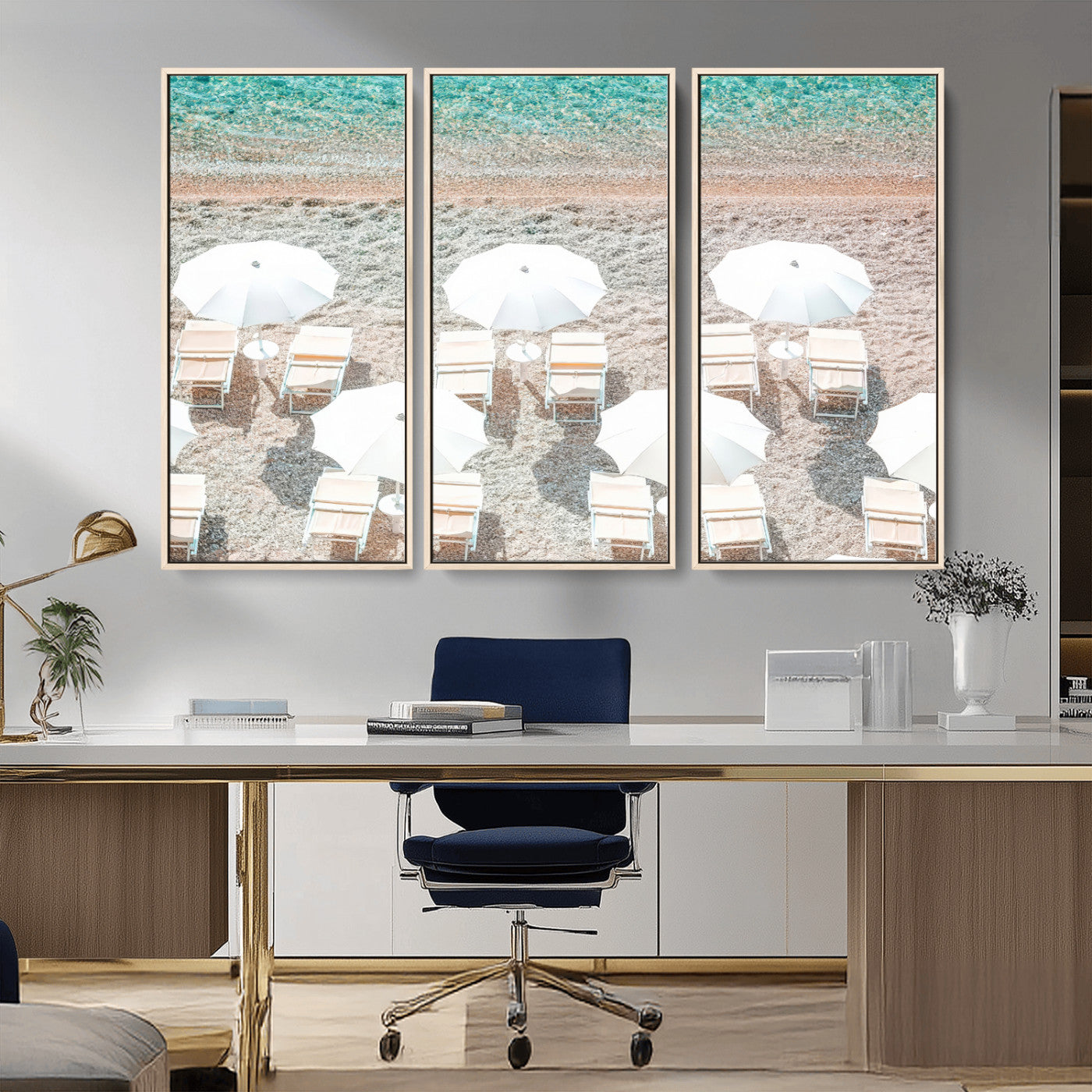 MGV-FC-48X32-3P - Calm Beach Wall Art Canvas Print, Framed Turquoise Water Art Picture Print, Umbrella Shoreline Perfect Coastal Minimalist Decor Artwork