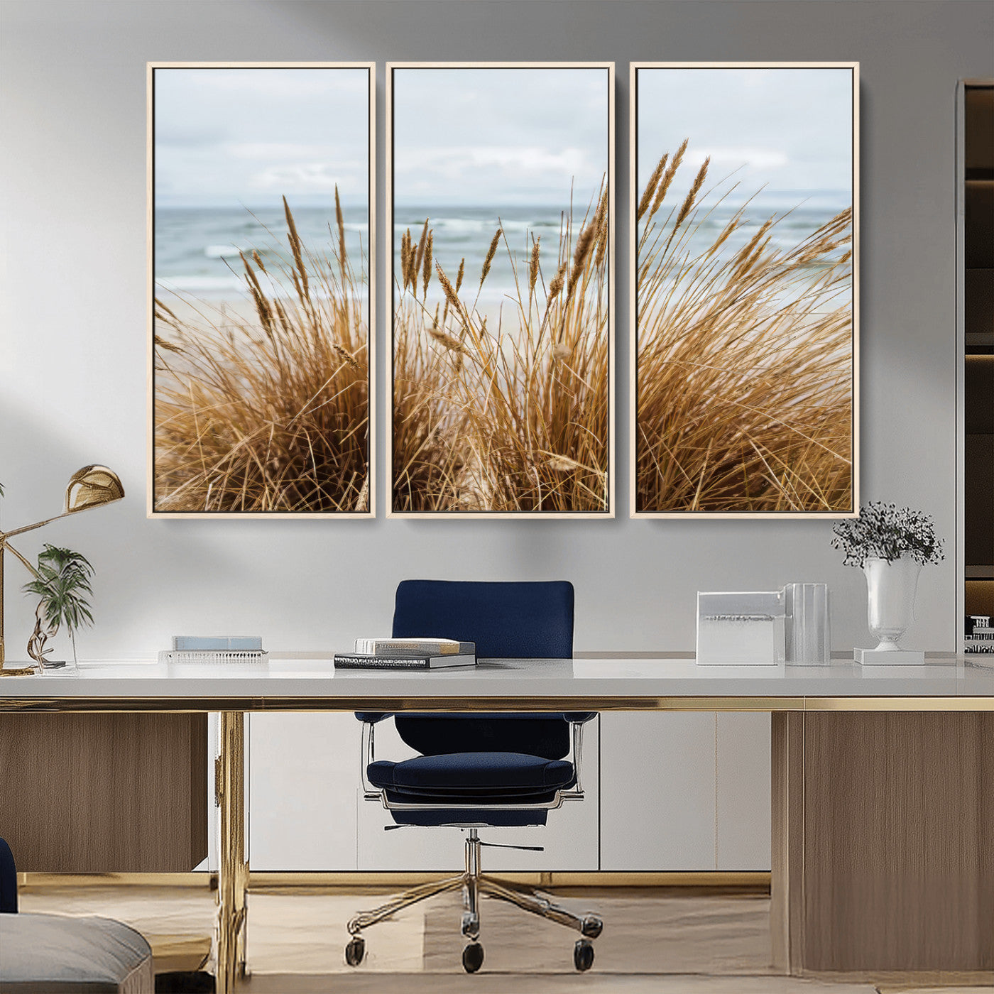 MGV-FC-48X32-3P - Beach Grass Wall Art Canvas Print, Framed Coastal Dunes Art Picture Print, Dune Grass Perfect Coastal Minimalist Decor Artwork