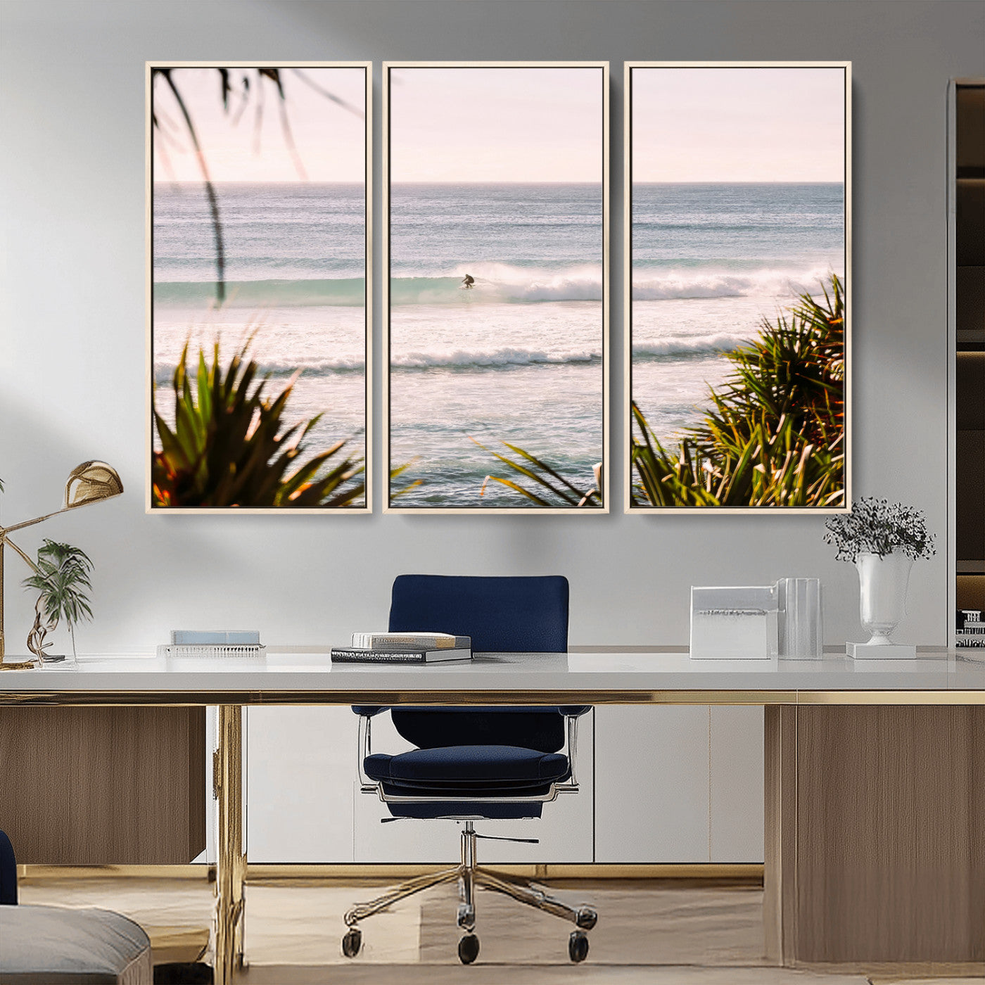 MGV-FC-48X32-3P - Ocean Surfer Wall Art Canvas Print, Framed Coastal Surf Art Picture Print, Tropical Beach Perfect Tropical Coastal Decor Artwork