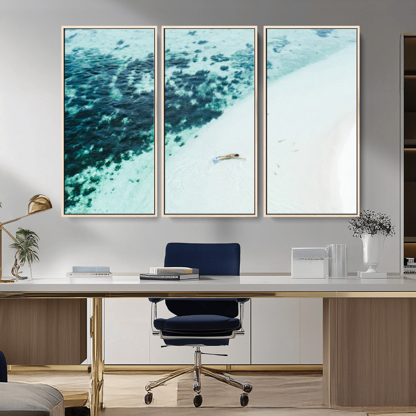 MGV-FC-48X32-3P - Minimal Beach Wall Art Canvas Print, Framed Ocean Swimming Art Picture Print, Clear Ocean Perfect Minimal Coastal Decor Artwork