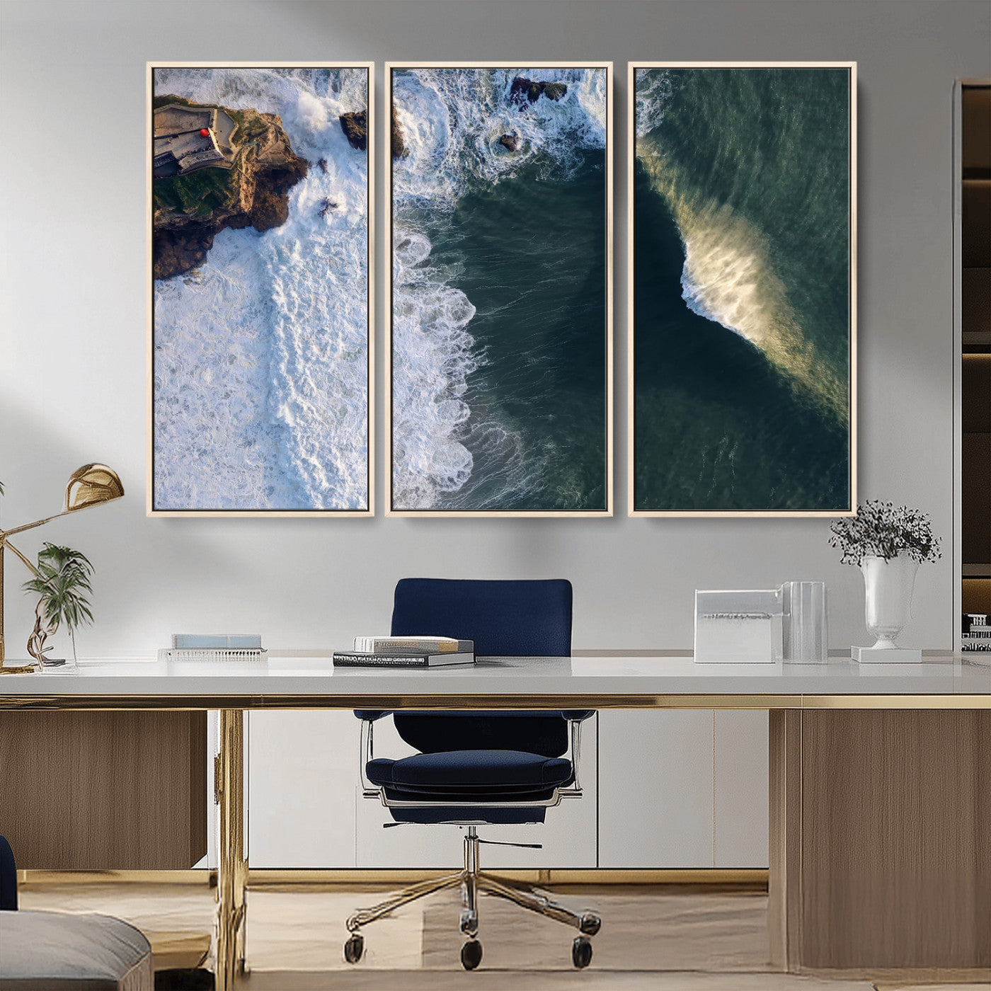 MGV-FC-48X32-3P - Nazaré Coast Wall Art Canvas Print, Framed Aerial Ocean Art Picture Print, Coastal Fortress Perfect Dramatic Coastal Decor Artwork