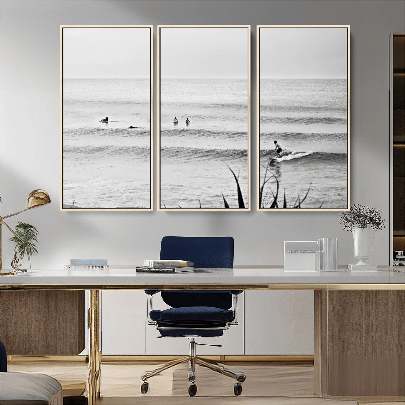 MGV-FC-48X32-3P - Surfer Silhouette Wall Art Canvas Print, Framed Calm Ocean Art Picture Print, Monochrome Surf Perfect Minimalist Coastal Decor Artwork