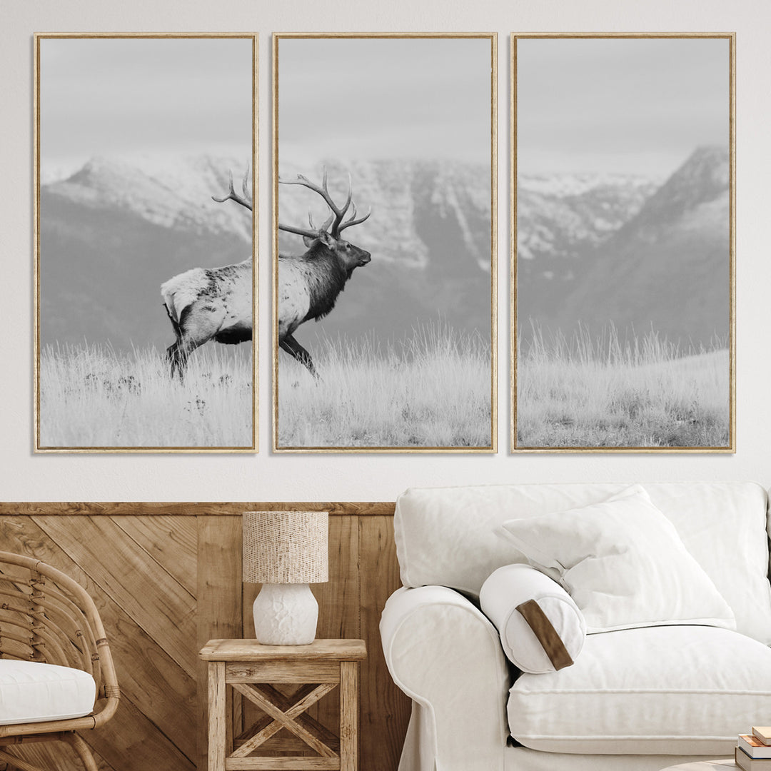 Rustic Elk Wall Art Canvas Print, Wildlife Antler Print, Framed Western Hunting Lodge Art Print, Large Mountain Nature Scene Printing Perfect for Japanese Decor