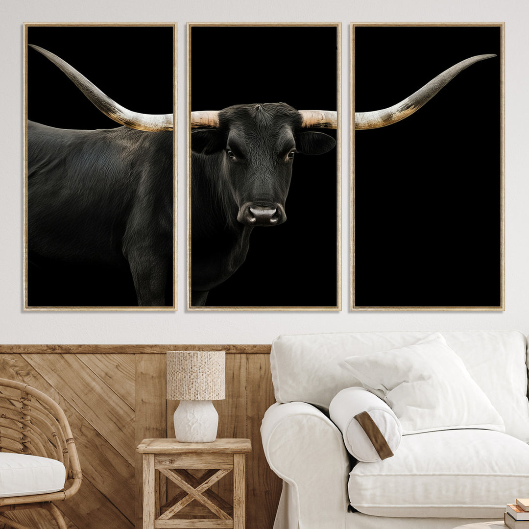 Black White Longhorn Bull Wall Art Canvas Print, Texas Ranch Print, Framed Western Cow Art Print for Farmhouse Decor - Longhorn Print