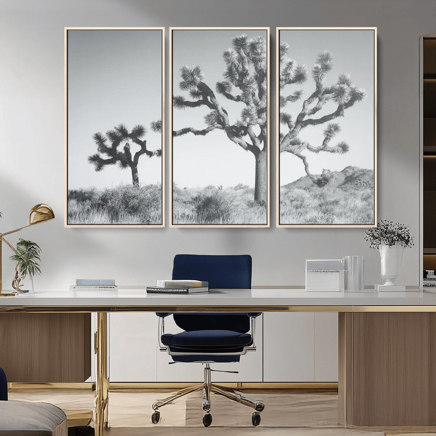 MGV-FC-48X32-3P - Joshua Tree Wall Art Canvas Print, Framed Black White Landscape Art Picture Print, Desert Tree Decor Perfect Southwestern Decor Artwork