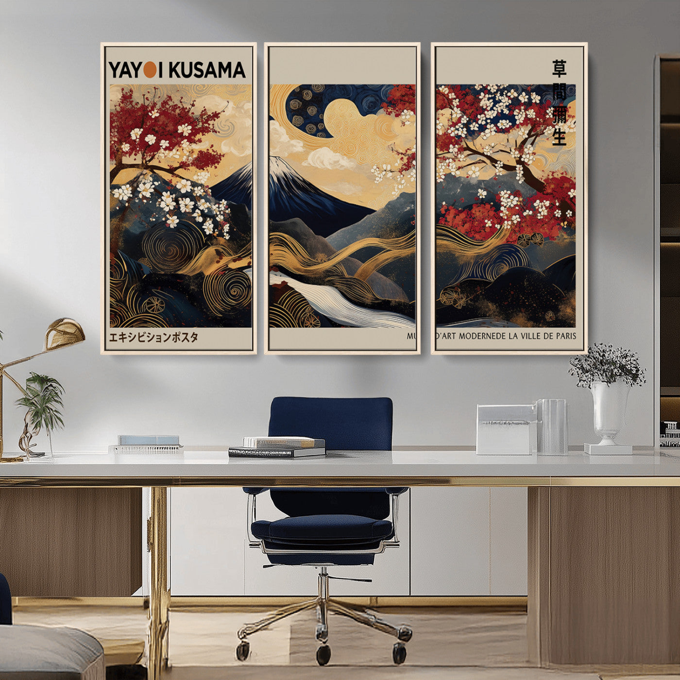 MGV-FC-48X32-3P - Modern Japanese Wall Art, Yayoi Kusama Japanese Print Wall Art, Abstract Mount Fuji Canvas Print,