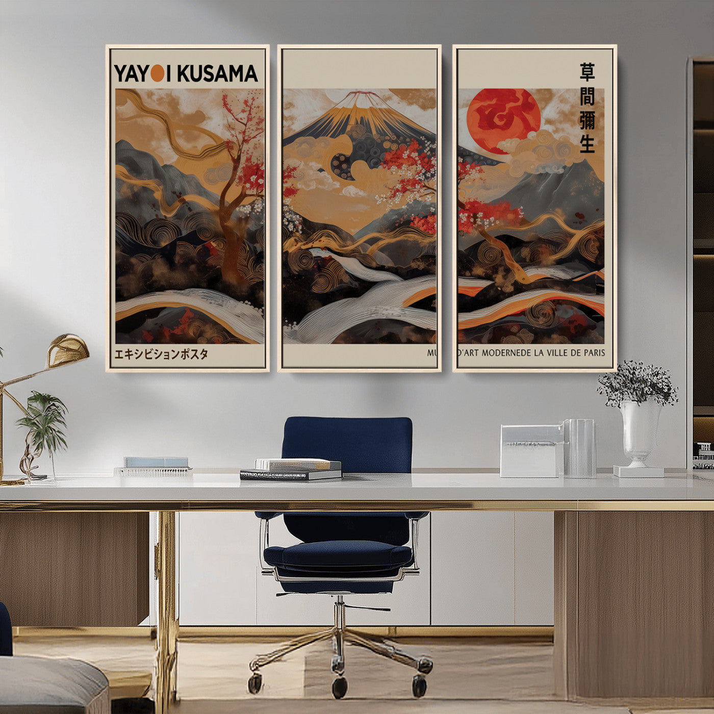 MGV-FC-48X32-3P - Modern Japanese Wall Art Print Yayoi Kusama Canvas Wall Art Abstract Mount Fuji Canvas Print