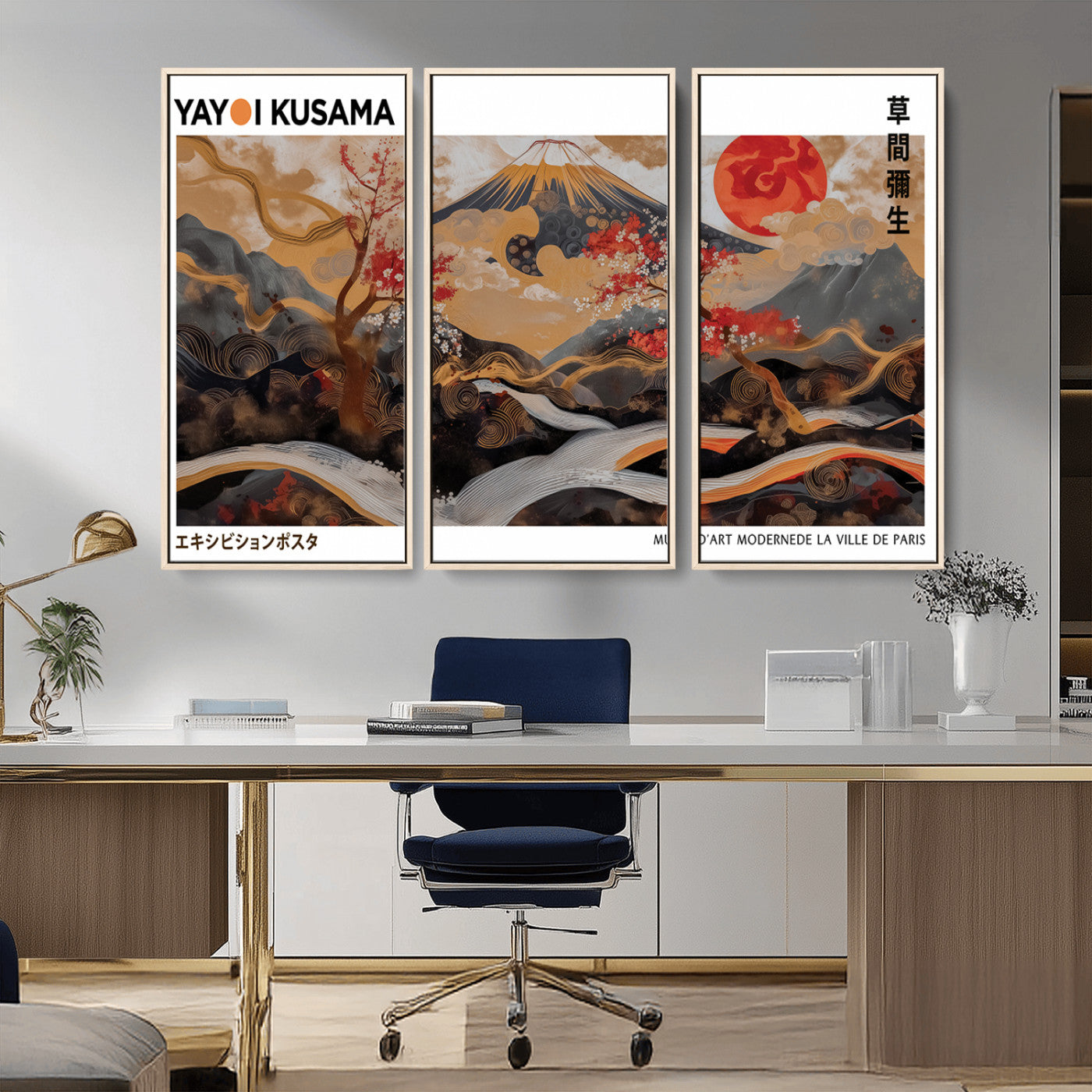 MGV-FC-48X32-3P - Mount Fuji Wall Art Print, Yayoi Kusama Canvas Wall Art, Abstract Mount Fuji Canvas Print, Japanese