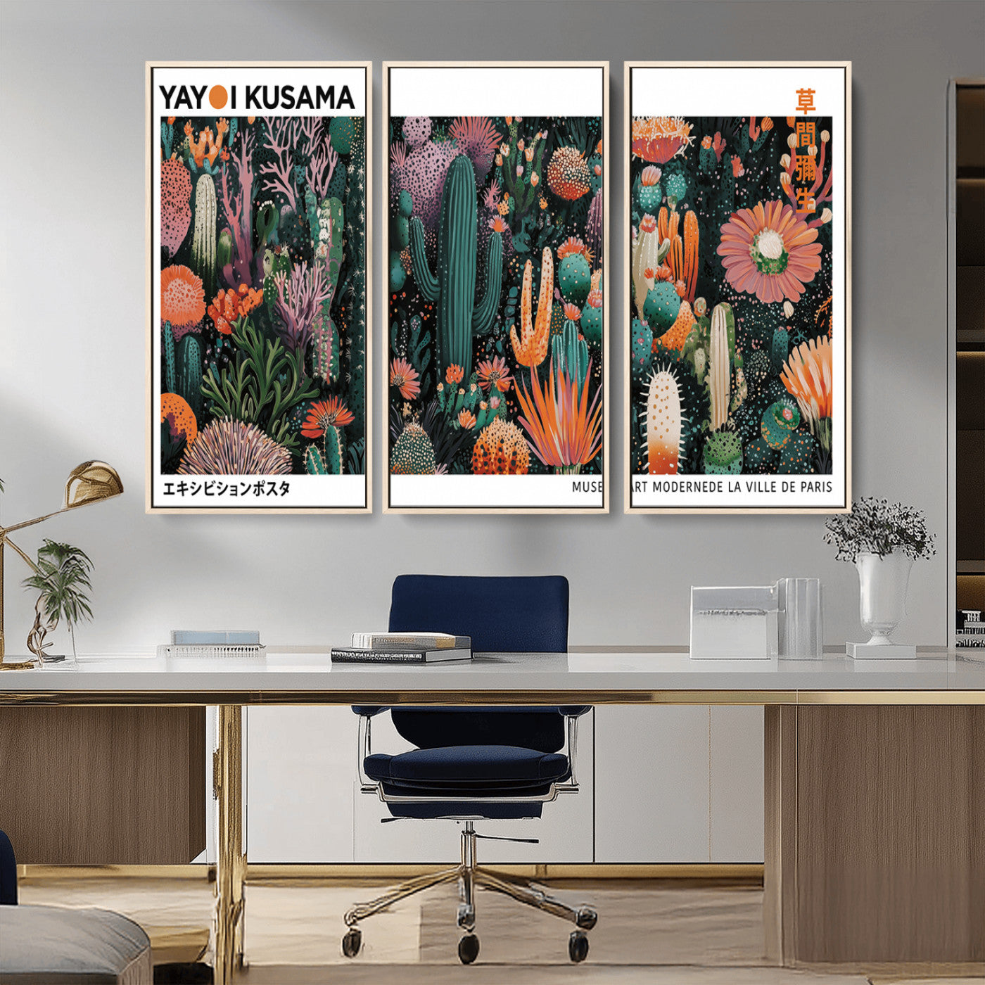 MGV-FC-48X32-3P - Modern Japanese Wall Art Print, Yayoi Kusama Print Wall Decor, Abstract Mount Fuji Canvas Print,