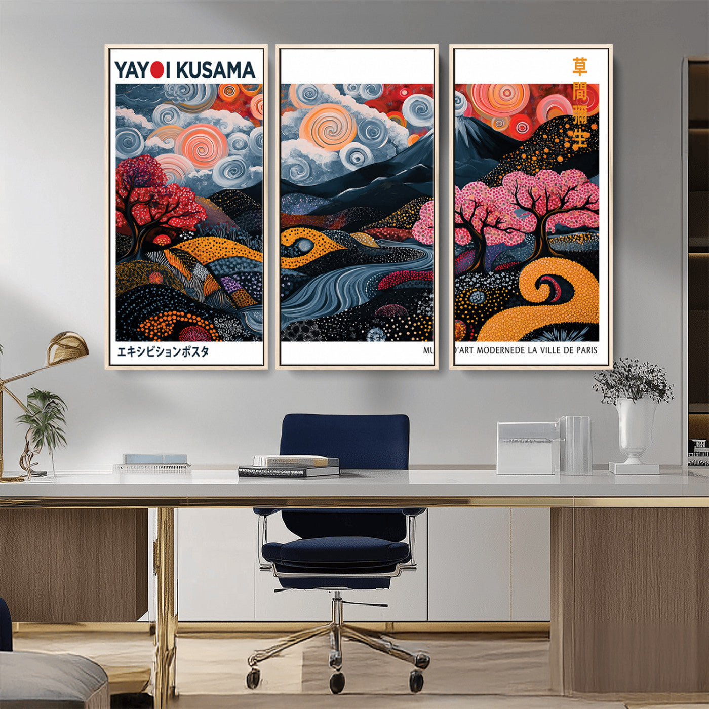 MGV-FC-48X32-3P - Modern Japanese Wall Art Print Yayoi Kusama Canvas Wall Art Abstract Mount Fuji Canvas Print