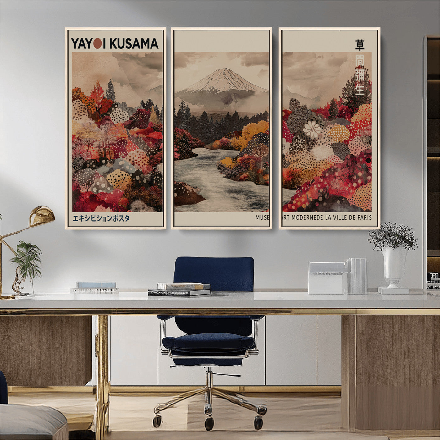 MGV-FC-48X32-3P - Modern Japanese Wall Art Print Yayoi Kusama Canvas Wall Art Abstract Mount Fuji Canvas Print