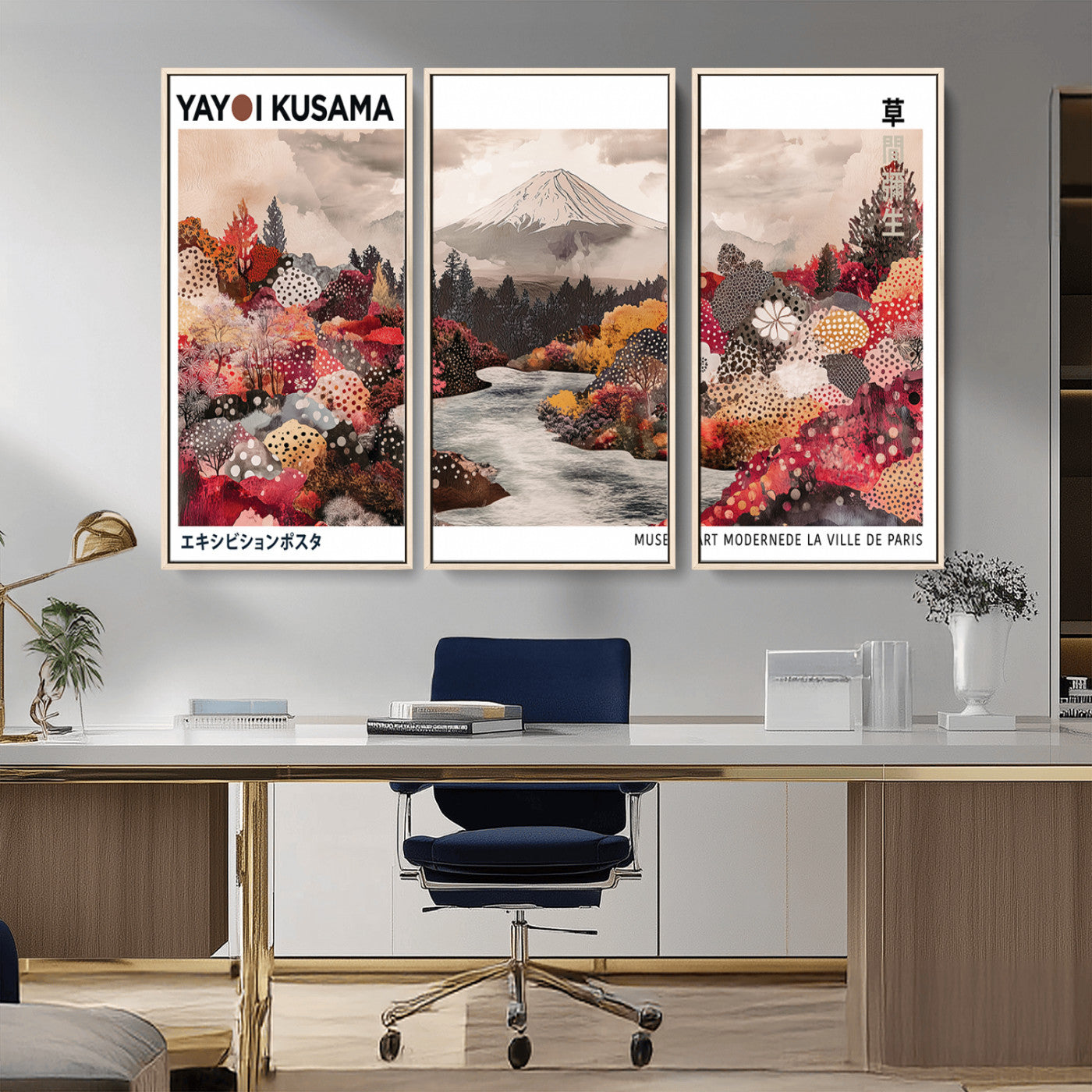 MGV-FC-48X32-3P - Modern Japanese Wall Art Print, Yayoi Kusama Canvas Wall Art, Abstract Mount Fuji Art Canvas Print,