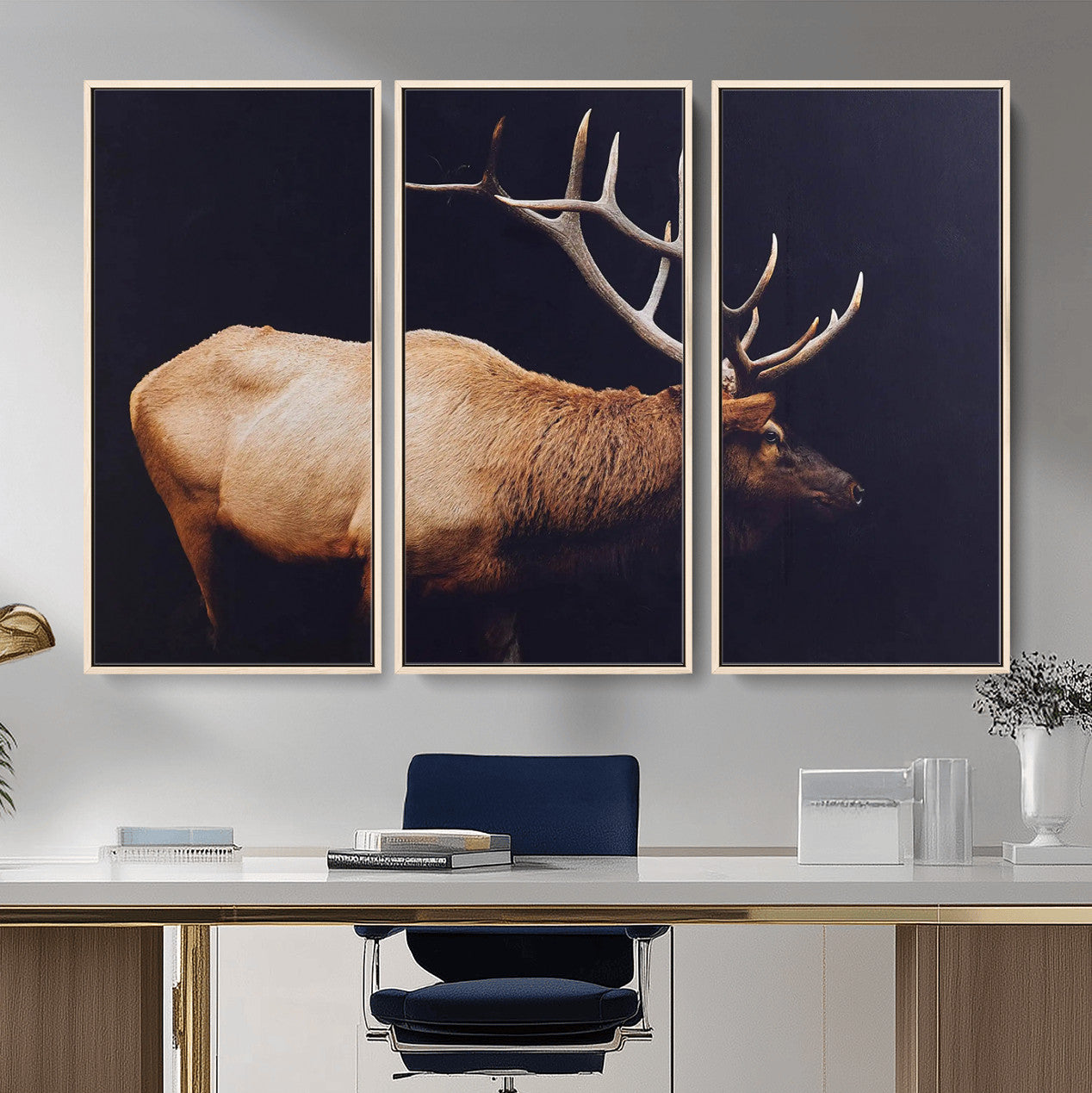 89239257-MGV-FC-48X32-3P - Rustic Elk Wall Art Canvas Print – Framed Moody Wildlife Art Picture Western Animal Artwork for Home, Office