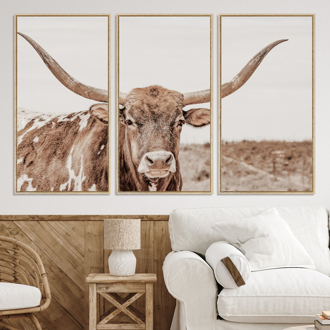 Longhorn Bull Photo Wall Art Canvas Print, Framed Rustic Cow Art Picture Print, Neutral Farmhouse Perfect Rustic Neutral Farmhouse Decor