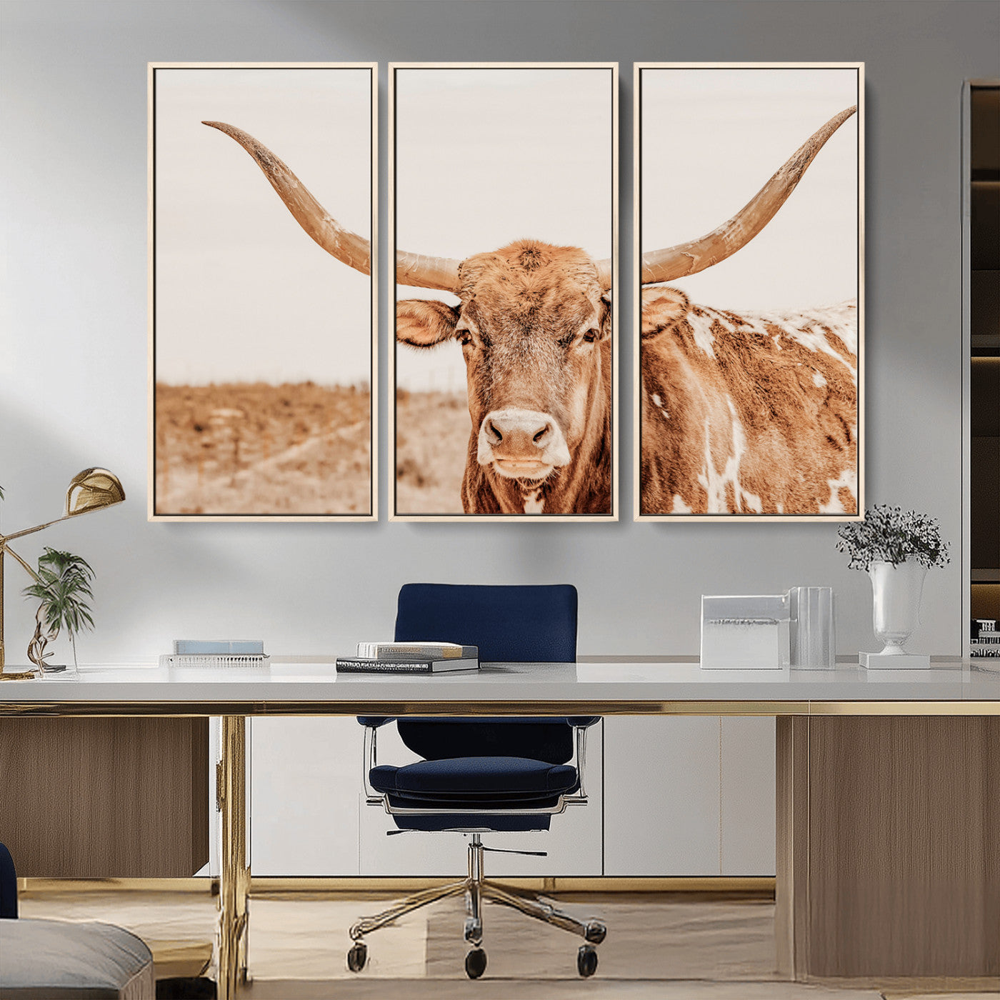 MGV-FC-48X32-3P - Longhorn Bull Wall Art Canvas Print, Framed Western Cow Art Picture Print, Rustic Farmhouse Perfect Neutral Farmhouse Decor Artwork