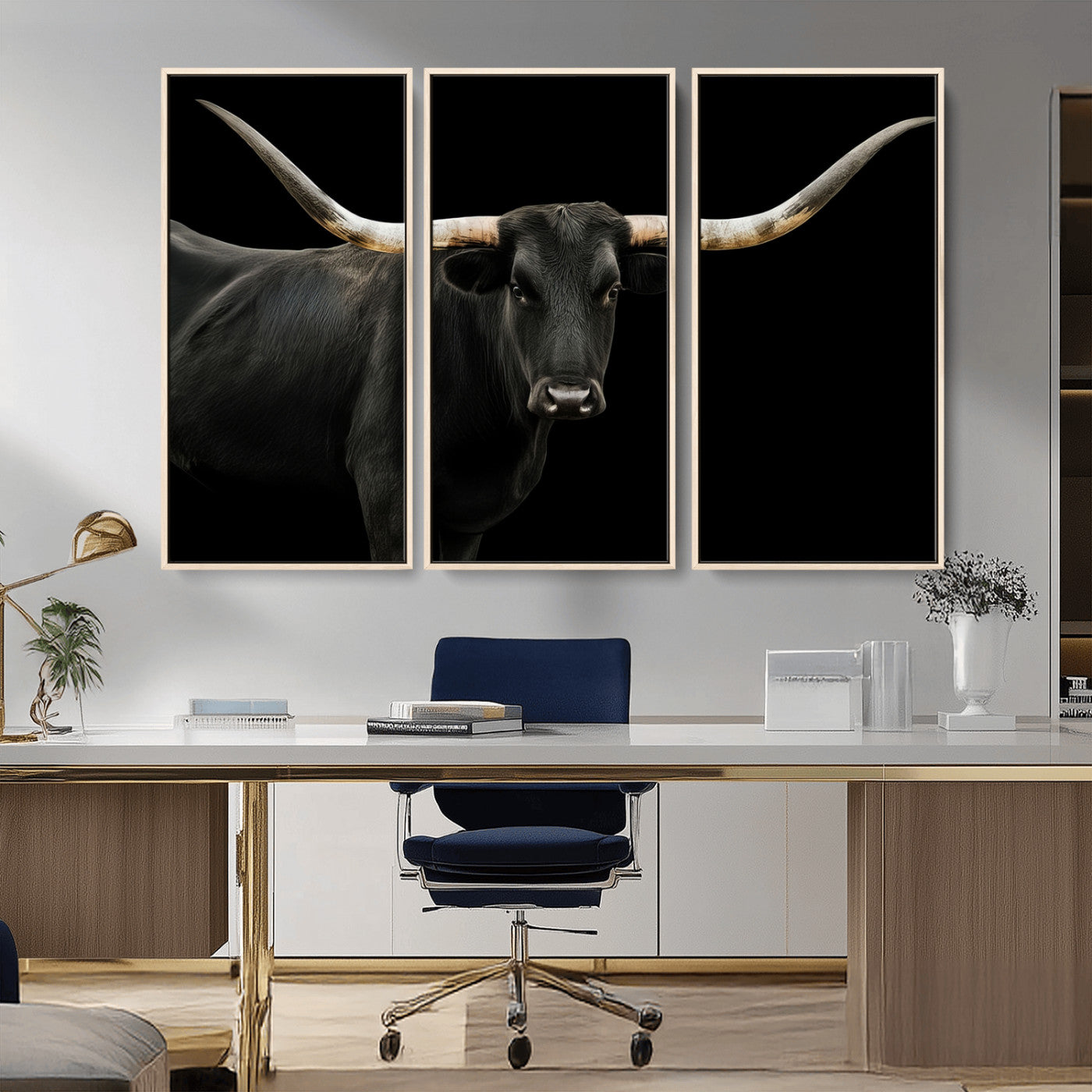 MGV-FC-48X32-3P - Texas Longhorn Wall Art Canvas Print, Framed Rustic Western Art Picture Print, Farmhouse Animal Perfect Modern Western Minimalist Decor Artwork