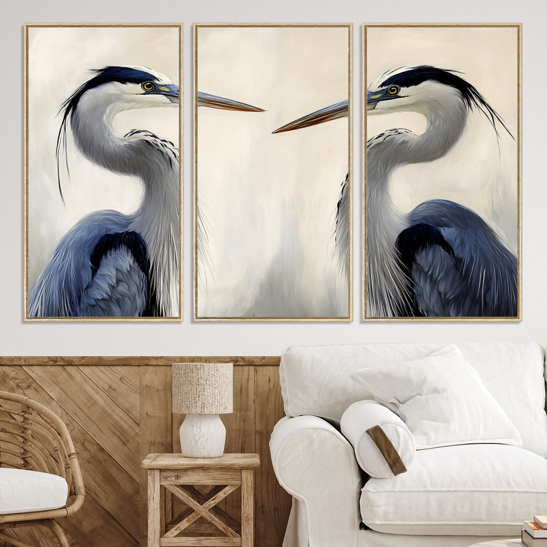 Blue Heron Pair Wall Art Canvas Print, Coastal Bird Theme Print, Framed Tranquil Wildlife Scene Art Print, Large Nature Inspired Decor Printing
