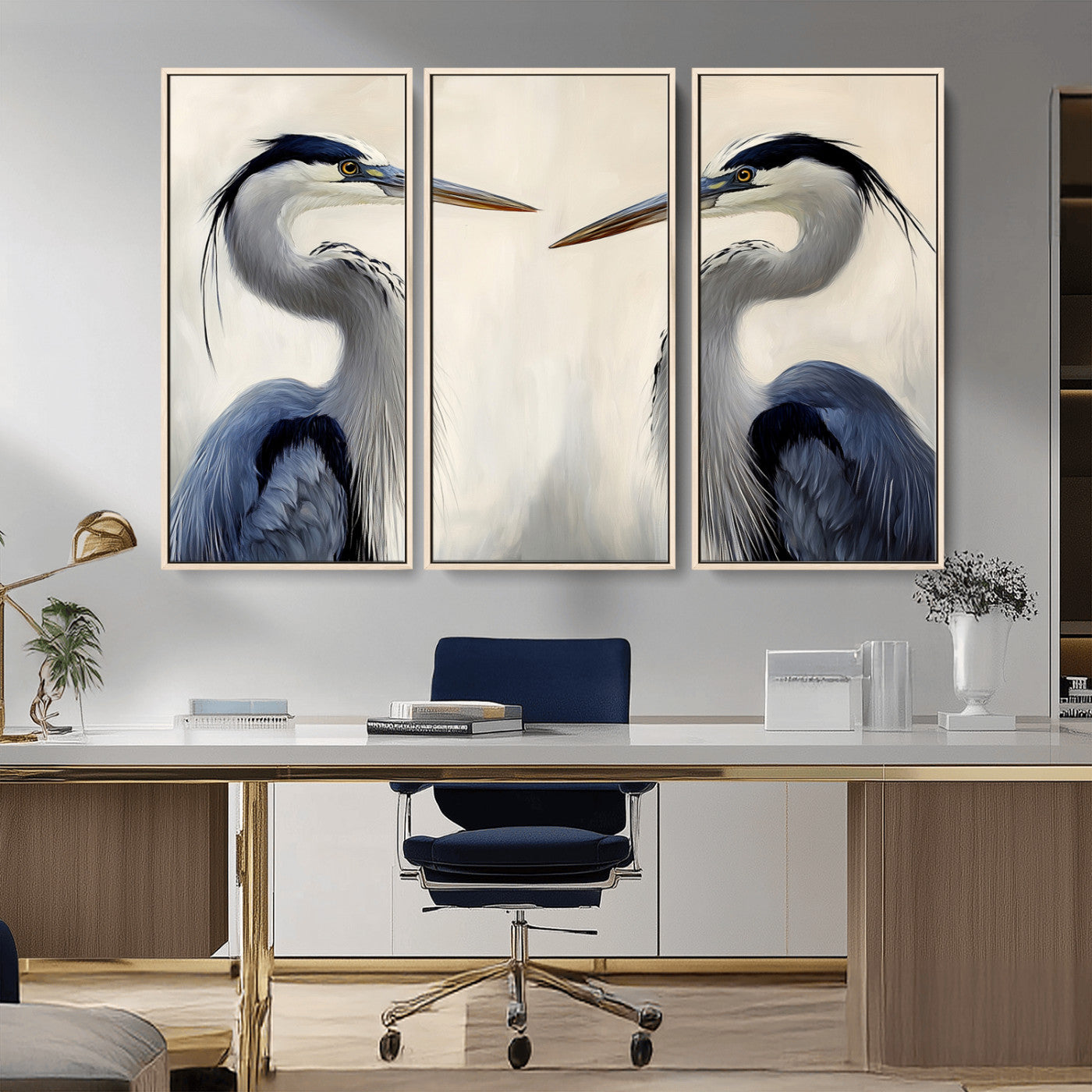 MGV-FC-48X32-3P - Blue Heron Pair Wall Art Canvas Print, Framed Coastal Bird Theme Art Picture Print, Tranquil Wildlife Scene Perfect Coastal Minimalist Decor Artwork
