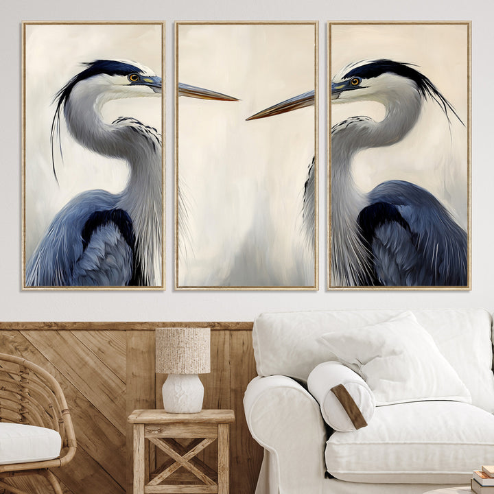 Blue Heron Pair Wall Art Canvas Print, Coastal Bird Theme Print, Framed Tranquil Wildlife Scene Art Print, Large Nature Inspired Decor Printing