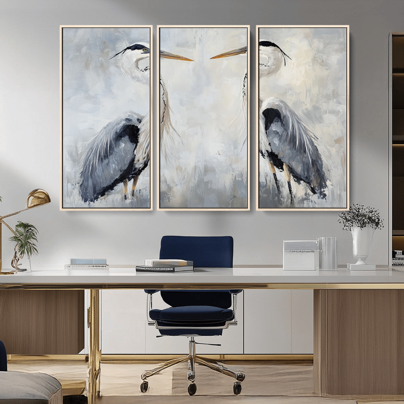 MGV-FC-48X32-3P - Heron Wall Art Wall Art Canvas Print, Framed Bird Canvas Decor Art Picture Print, Nature Inspired Perfect Coastal Minimalist Decor Artwork