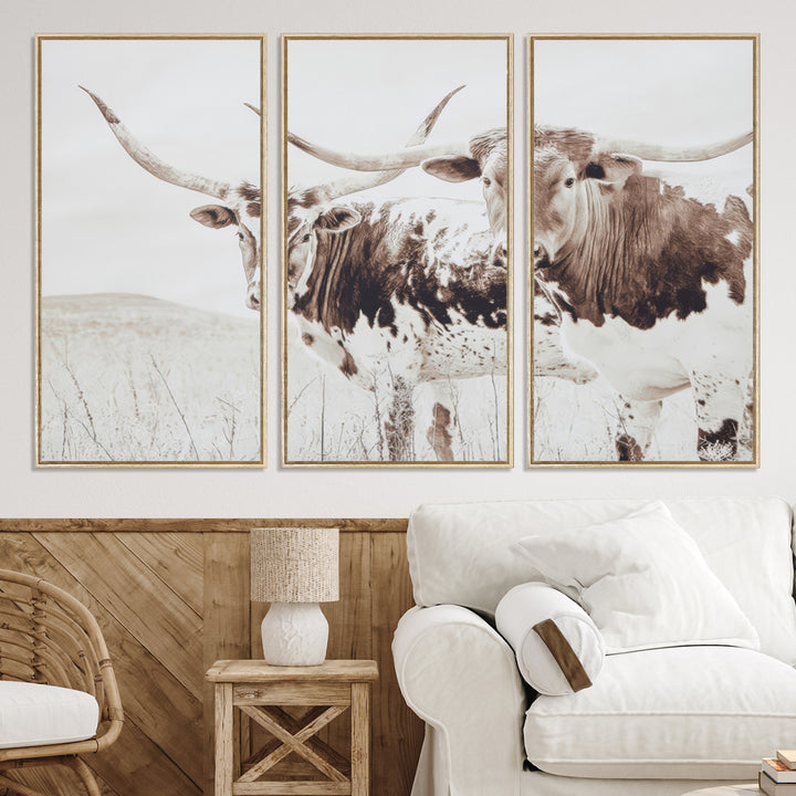 Longhorn Wall Art Wall Art Canvas Print, Western Cow Canvas Print, Framed Rustic Farm Decor Art Print, Large Neutral Animal Scene Printing
