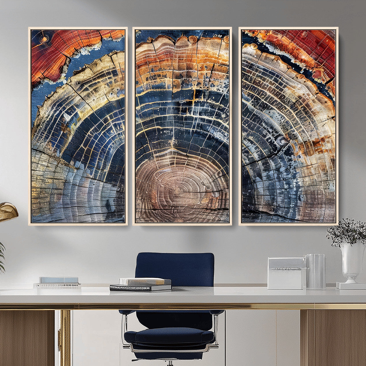 60292921-MGV-FC-48X32-3P - Vintage Tree Rings Wall Art Canvas Print – Framed Wood Art Picture Petrified Wood Artwork for Home, Office, Living Room