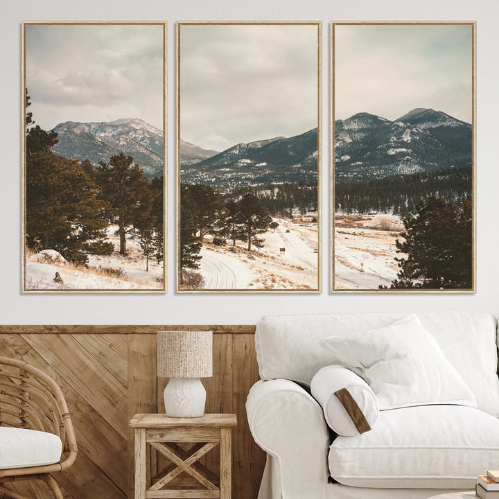 Mountain Landscape Wall Art Canvas Print, Framed Snowy Peaks Art Picture Print, Alpine Aesthetic Perfect Rustic Winter Decor Artwork